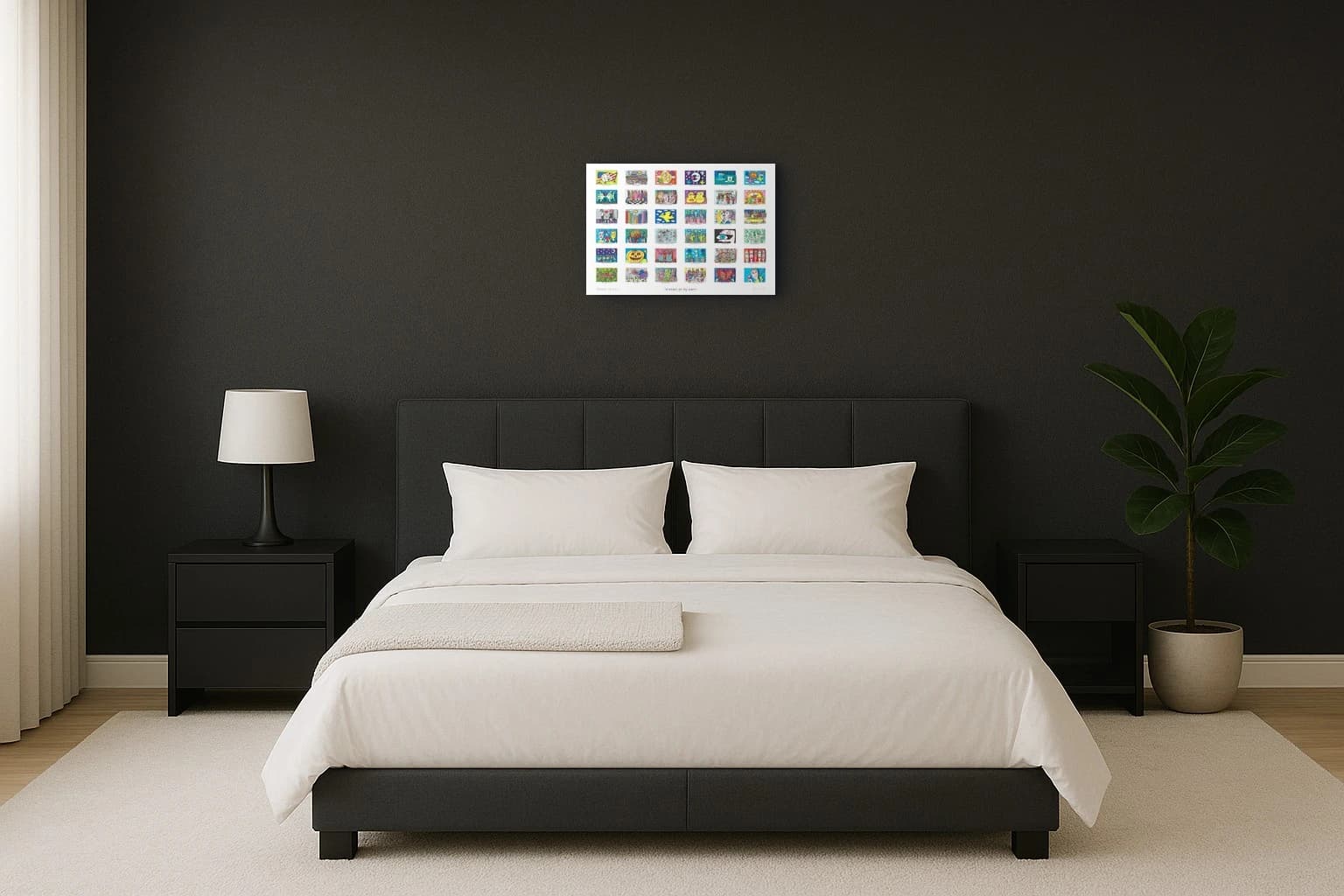 Poster mit vielen bunten Mini-Bildern im Raster und dem Text A PART OF MY ART von James Rizzi, als Kunstwerk an der Wand eines hellen Schlafzimmers.