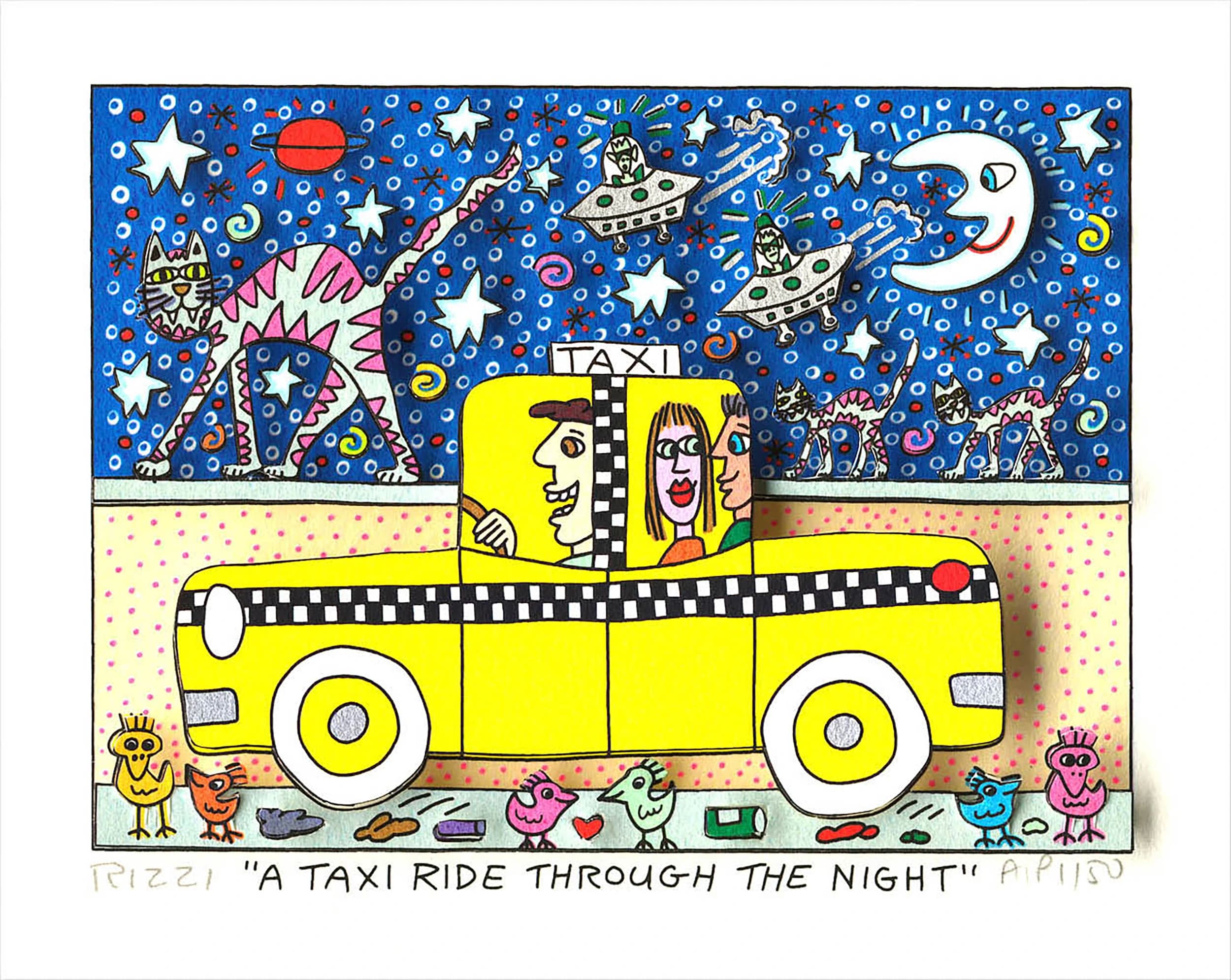 Gelbes Taxi mit drei Fahrgästen vor blauem Sternenhimmel mit Katzen, Monden und kleinen Figuren.