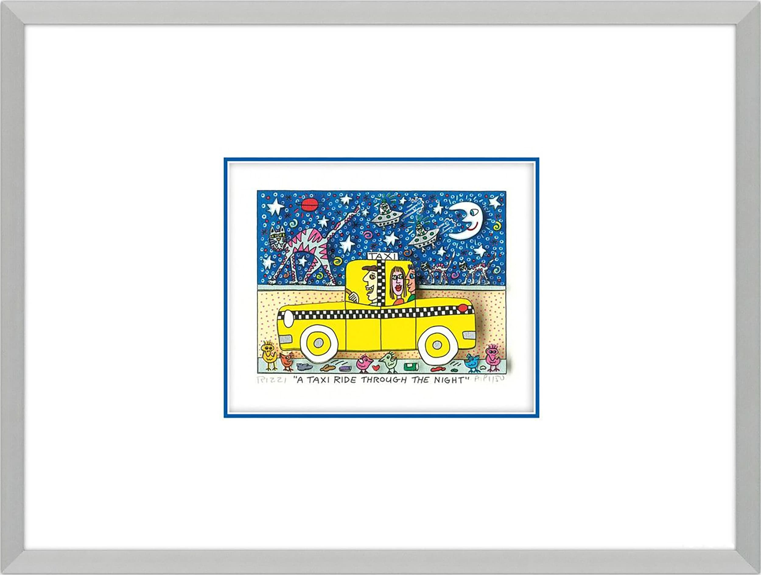 Gerahmtes Bild mit gelbem Taxi vor blauem Sternenhimmel und vielen kleinen Figuren.