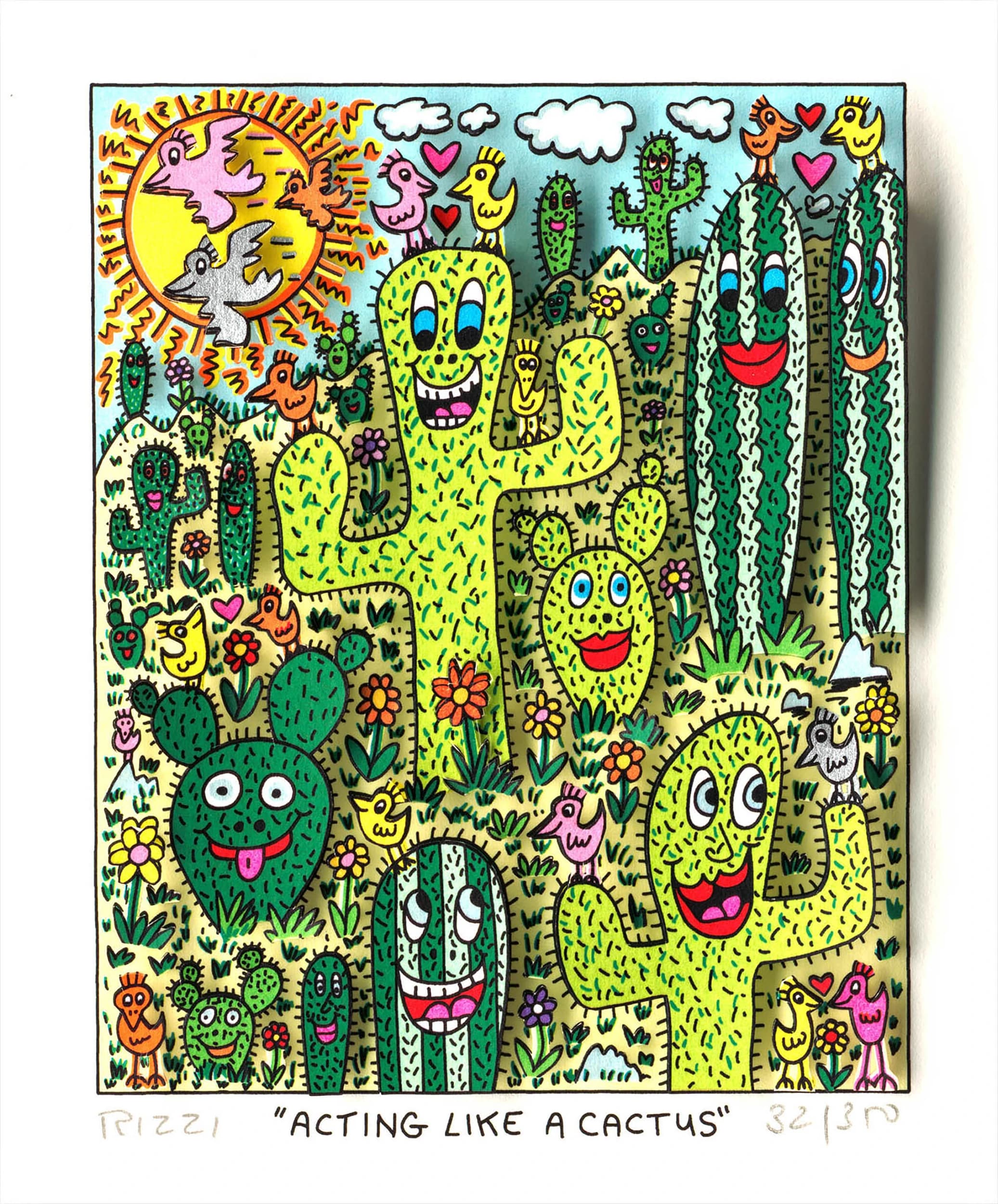 Bunte Cartoon-Kakteen mit Gesichtern, Vögeln und Blumen unter Sonne und Wolken auf blauem Himmel.
