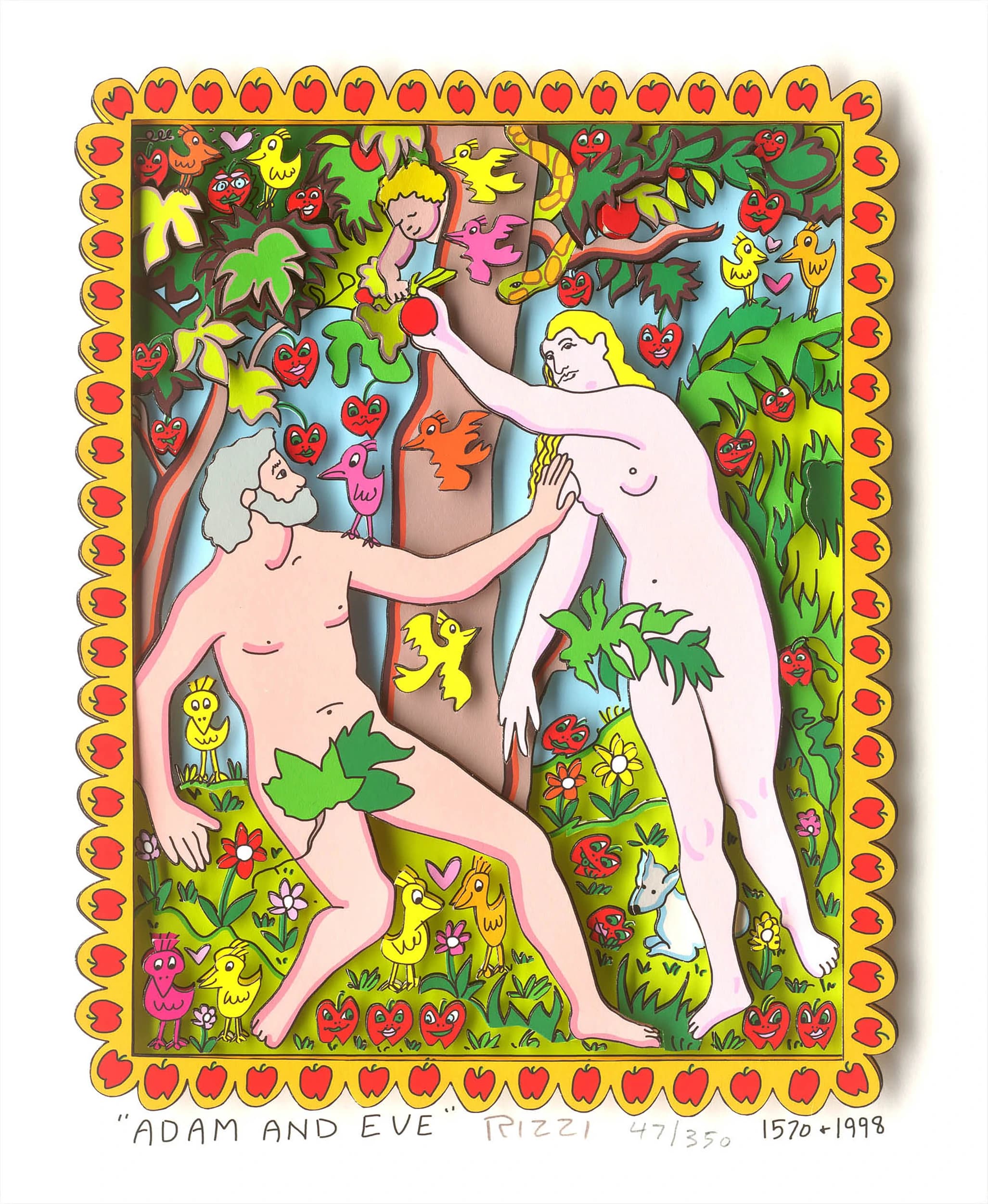 Adam und Eva stehen nackt im Garten, umgeben von Vögeln, Äpfeln und einem Herzrahmen.