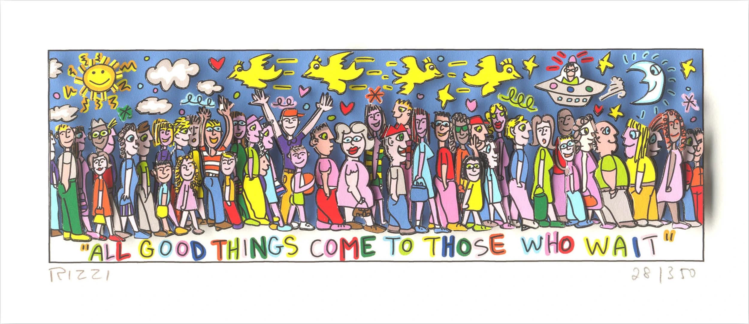 Viele bunte Menschen stehen unter Sonne, Wolken, Vögeln und Mond; unten steht „ALL GOOD THINGS COME TO THOSE WHO WAIT“.
