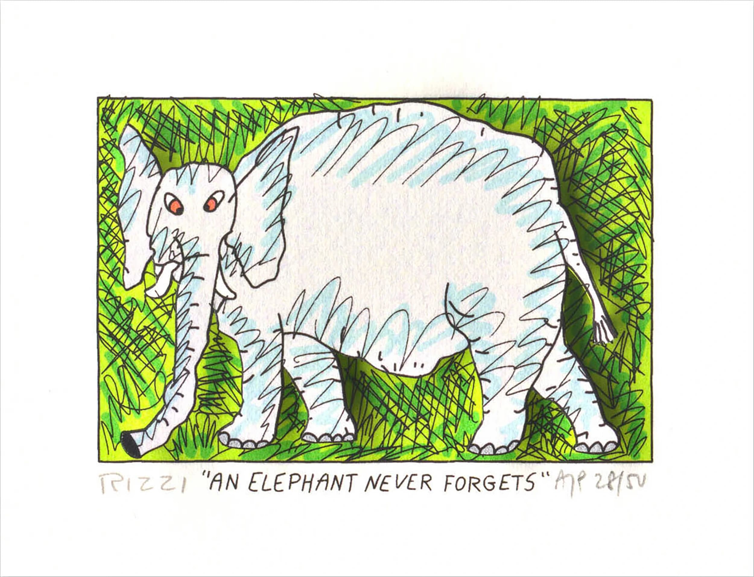 Weißer Elefant mit roten Augen auf grünem Hintergrund, darunter der Schriftzug „AN ELEPHANT NEVER FORGETS“.