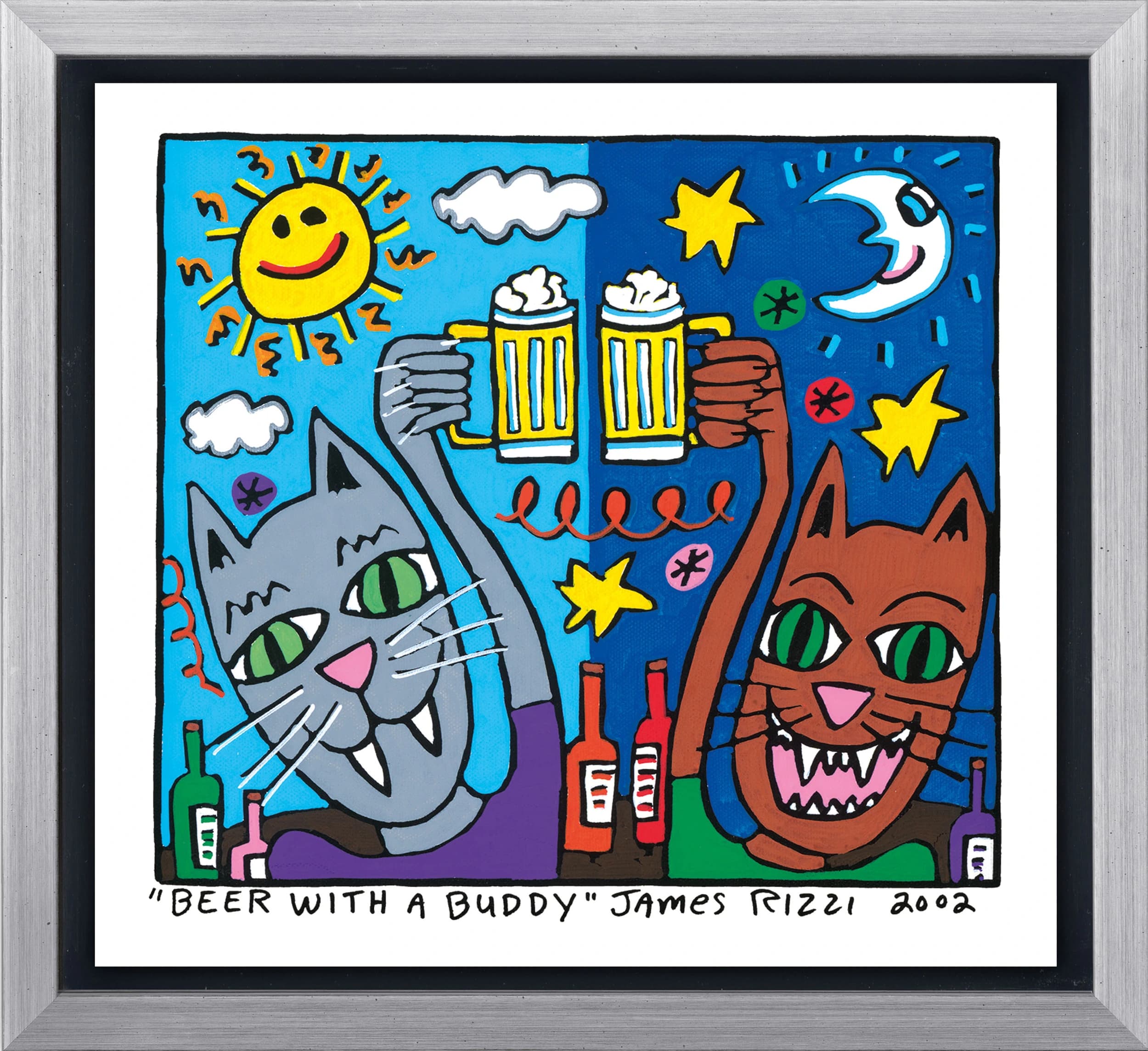 Gerahmtes Bild mit zwei Katzen, die Bierkrüge anstoßen, vor Sternen, Sonne, Mond und Flaschen.