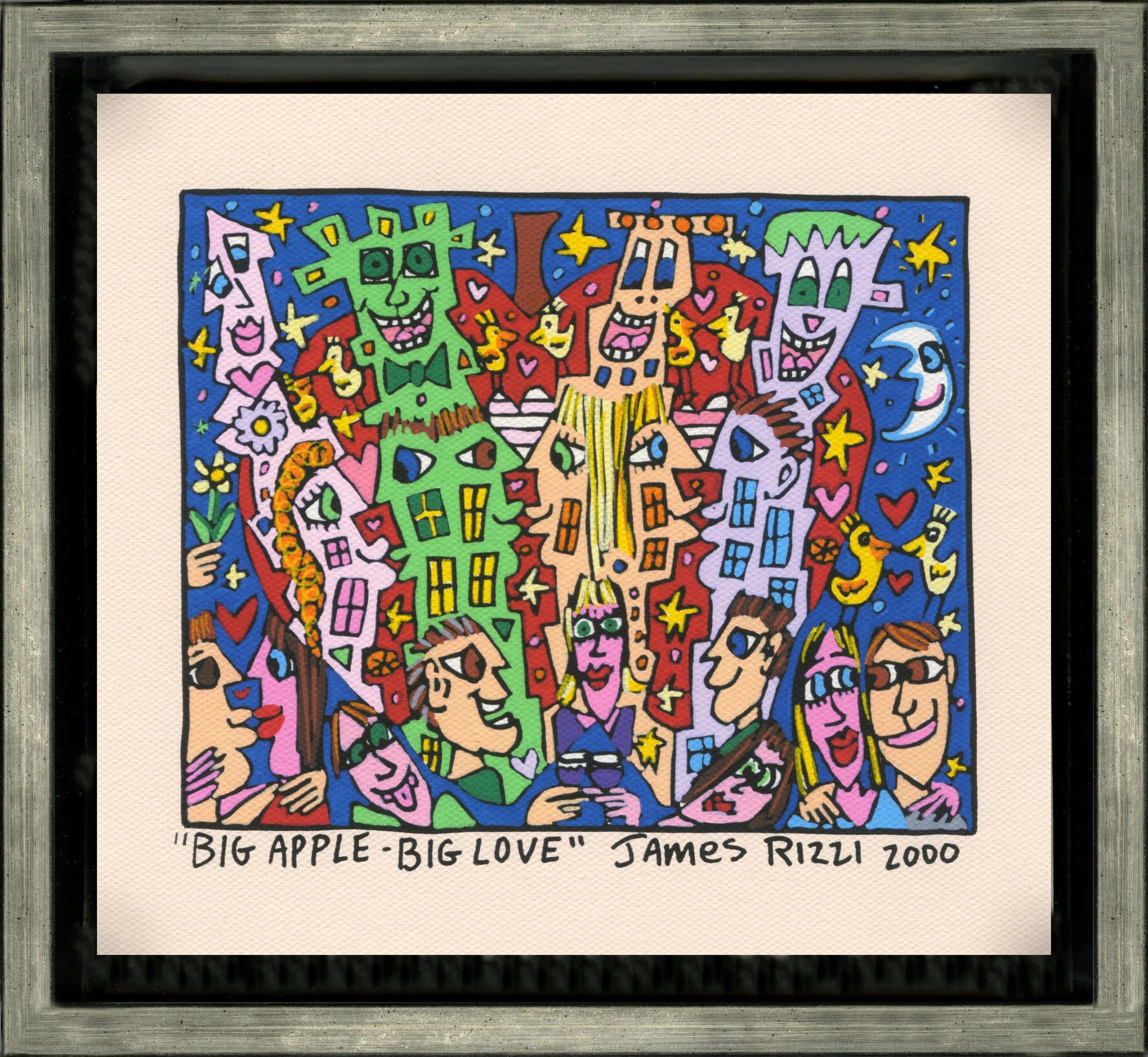 Gerahmtes Bild mit bunten Gesichtern, Sternen und Häusern auf Blau; darunter „Big Apple Big Love“.