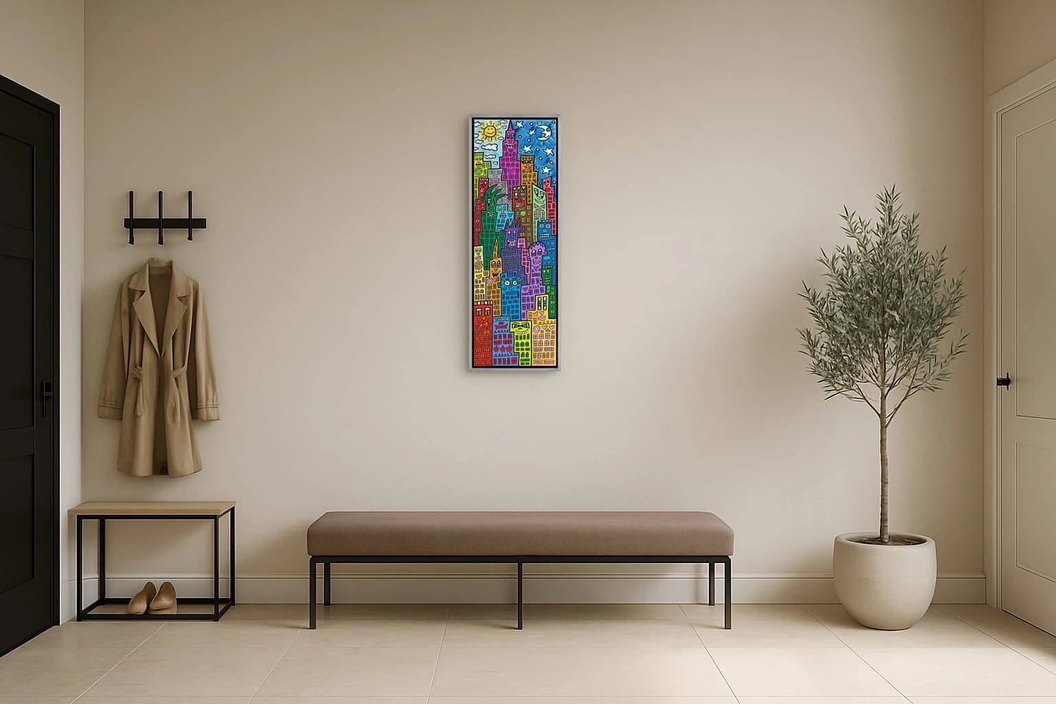 Bunte Hochhäuser mit Gesichtern unter Sonne, Mond und Sternen, als Kunstwerk an der Wand eines hellen Raums.