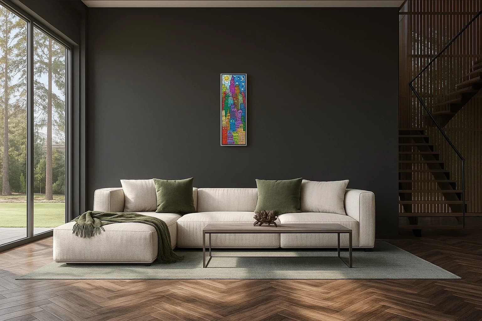 Bunte Hochhäuser mit Gesichtern unter Sonne, Mond und Sternen, als Kunstwerk an der Wand eines hellen Wohnzimmers.