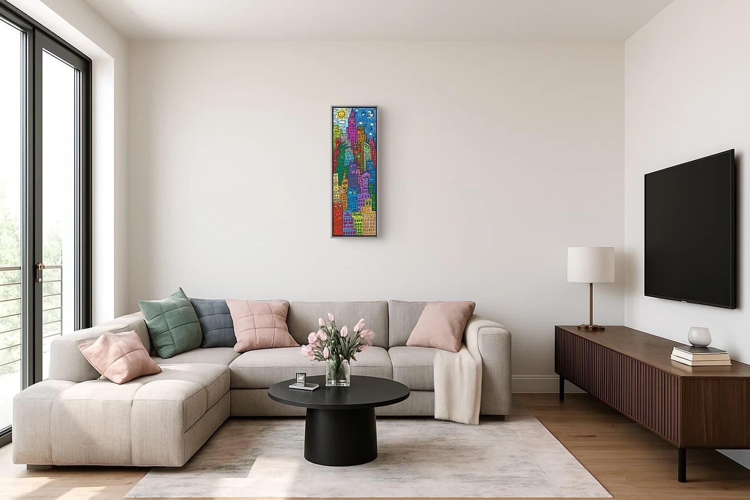 Bunte Hochhäuser mit Gesichtern unter Sonne, Mond und Sternen, als Kunstwerk an der Wand eines hellen Wohnzimmers.