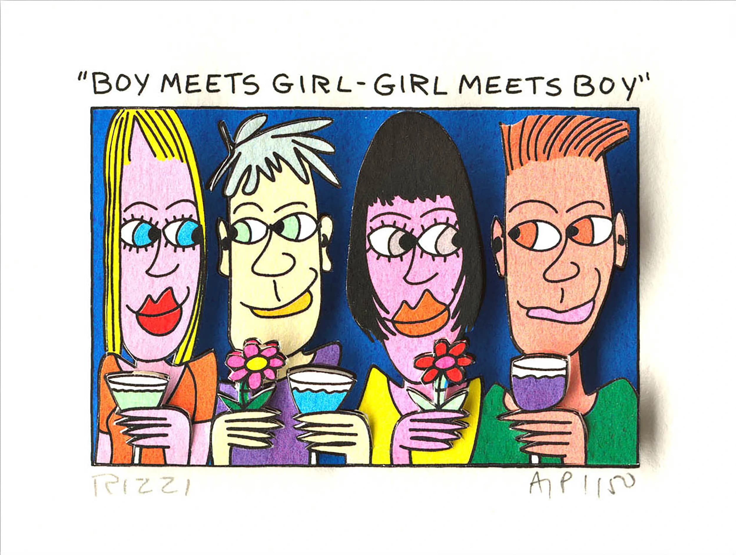 Vier Cartoonfiguren halten Tassen vor blauem Hintergrund, darüber steht „Boy meets girl-girl meets boy“.