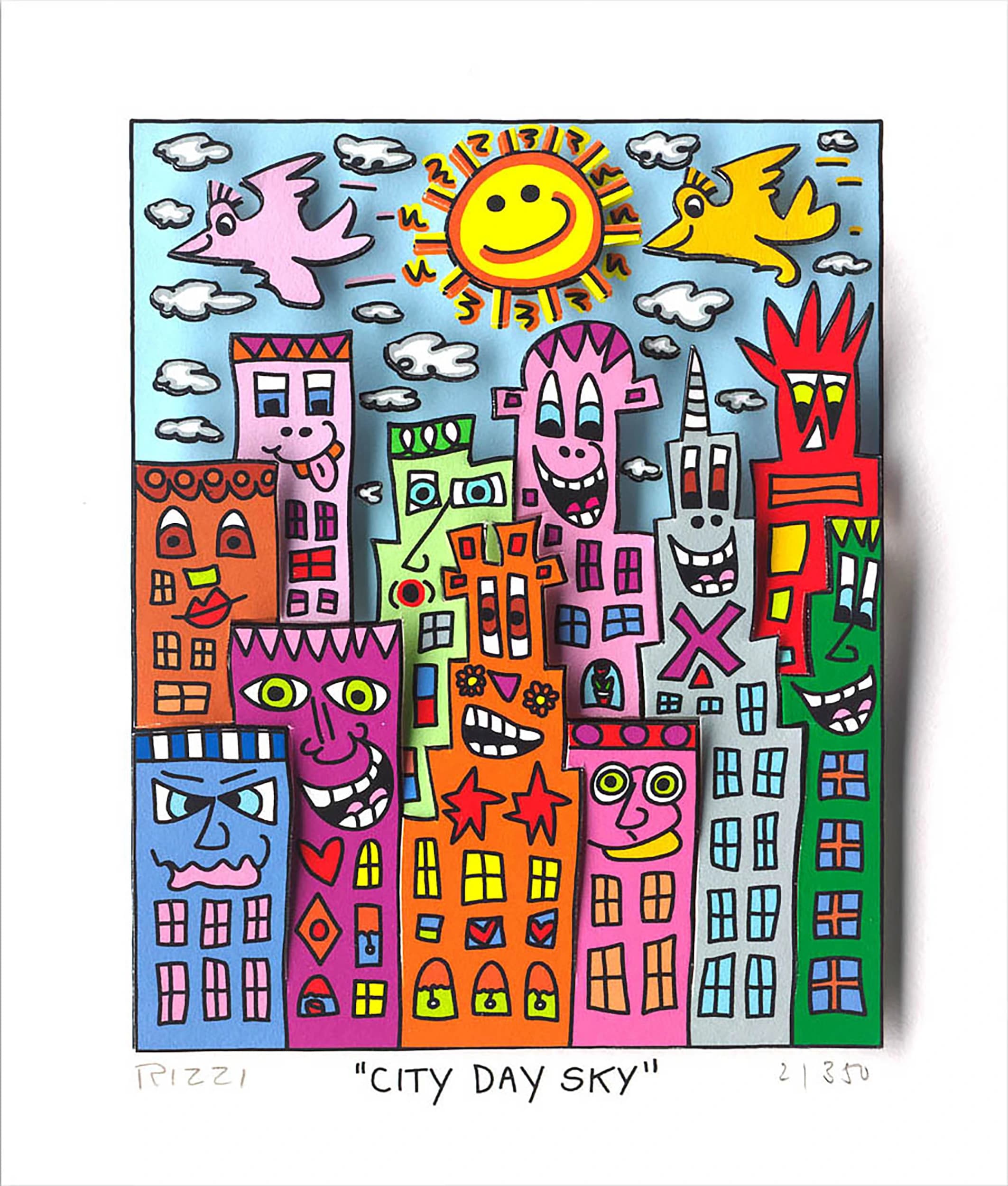 Bunte Häuser mit Gesichtern unter lachender Sonne, Wolken und zwei fliegenden Vögeln am blauen Himmel.