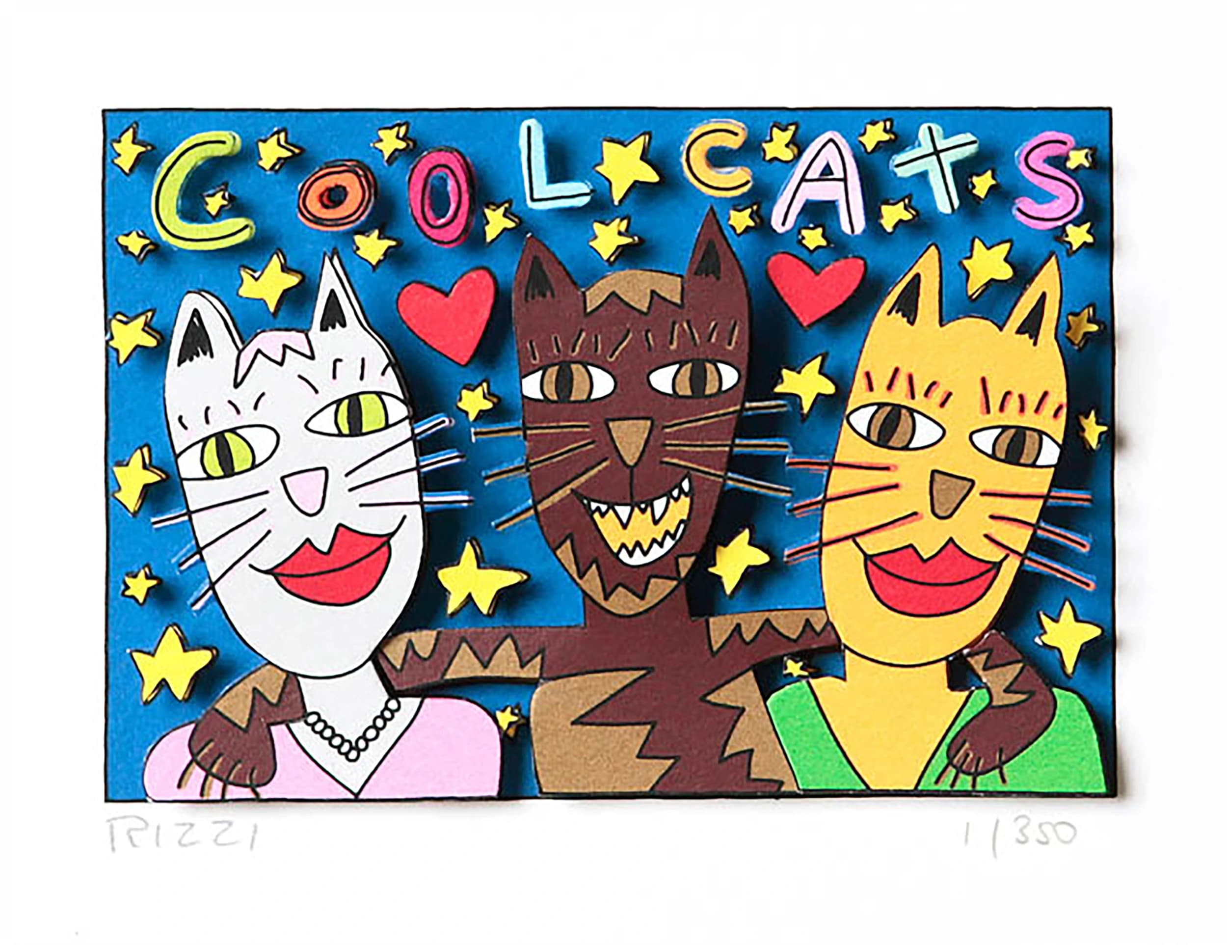 Drei stilisierte Katzen vor blauem Sternenhintergrund mit dem Schriftzug COOLE CATS oben.