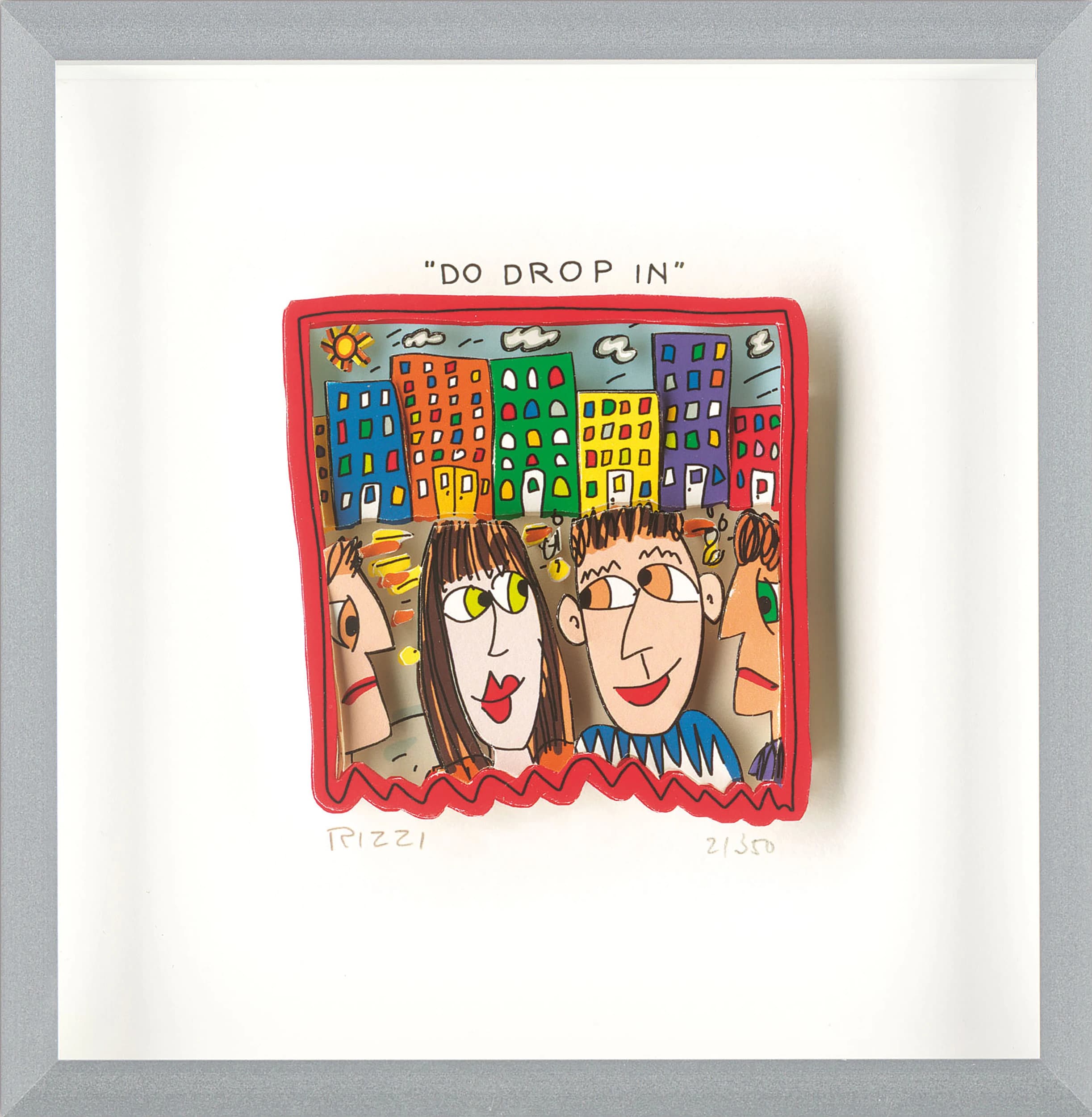 Gerahmtes Blatt mit roter Zeichnung von vier Gesichtern vor bunten Häusern und dem Text „DO DROP IN“.