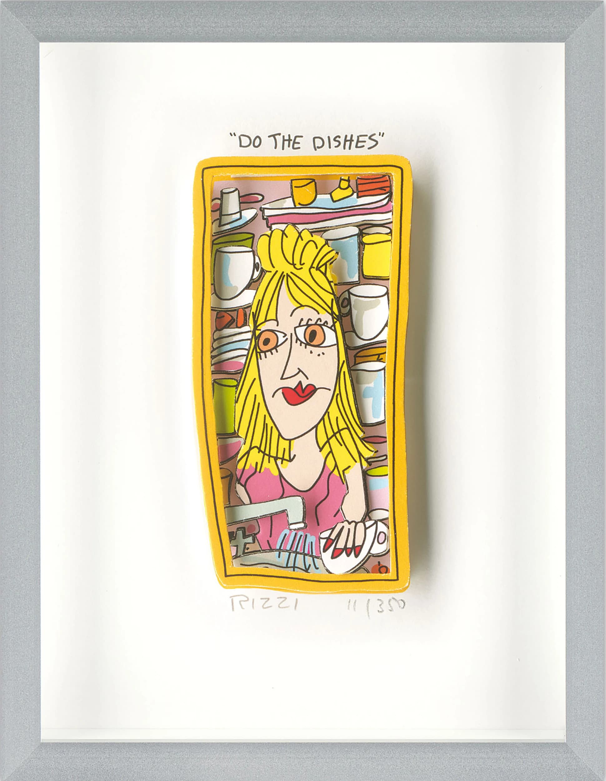 Gerahmtes Blatt mit gelbem Bild von Frau zwischen Geschirr unter dem Text „DO THE DISHES“.