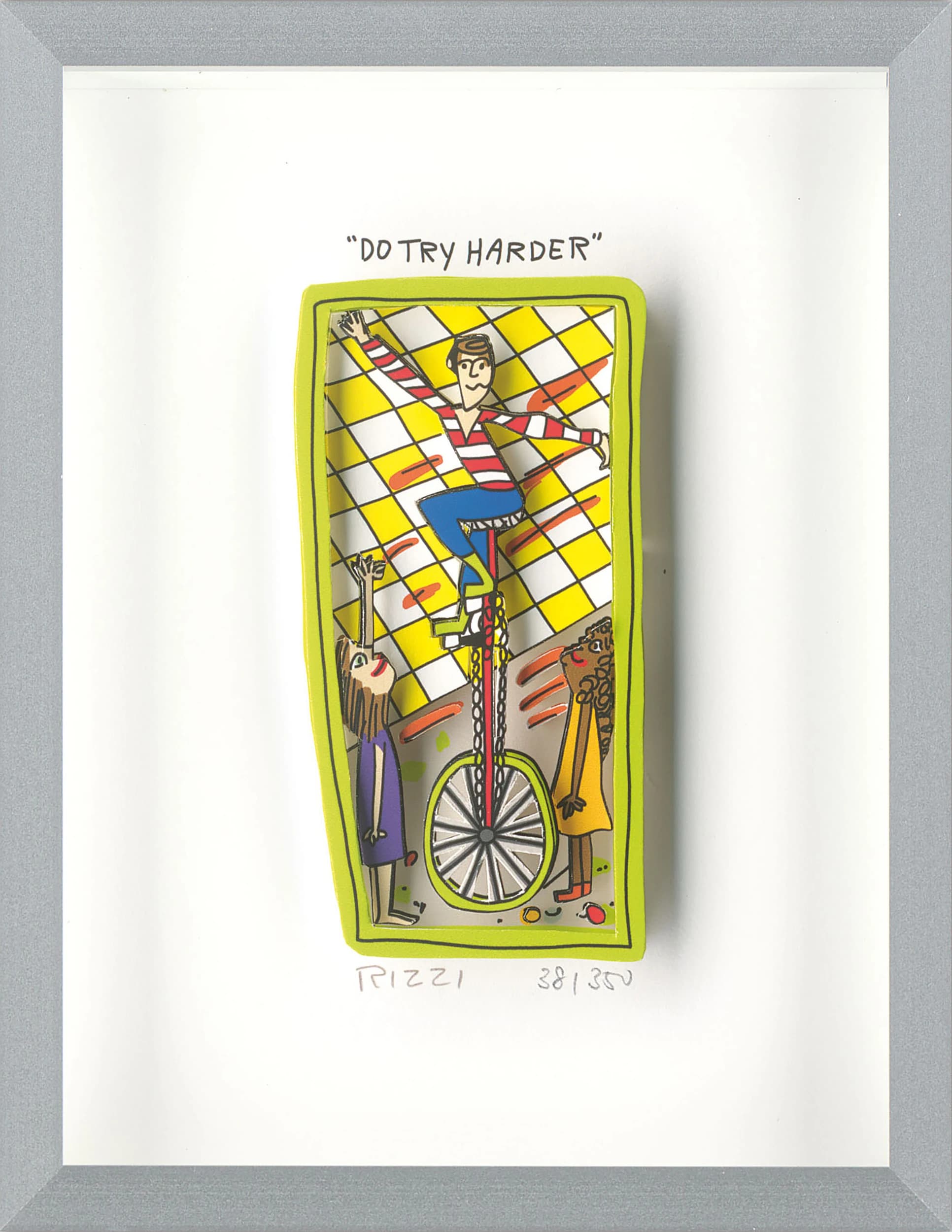 Gerahmtes Blatt mit einem gelb umrandeten Zirkusbild und dem Text „DO TRY HARDER“ oben.
