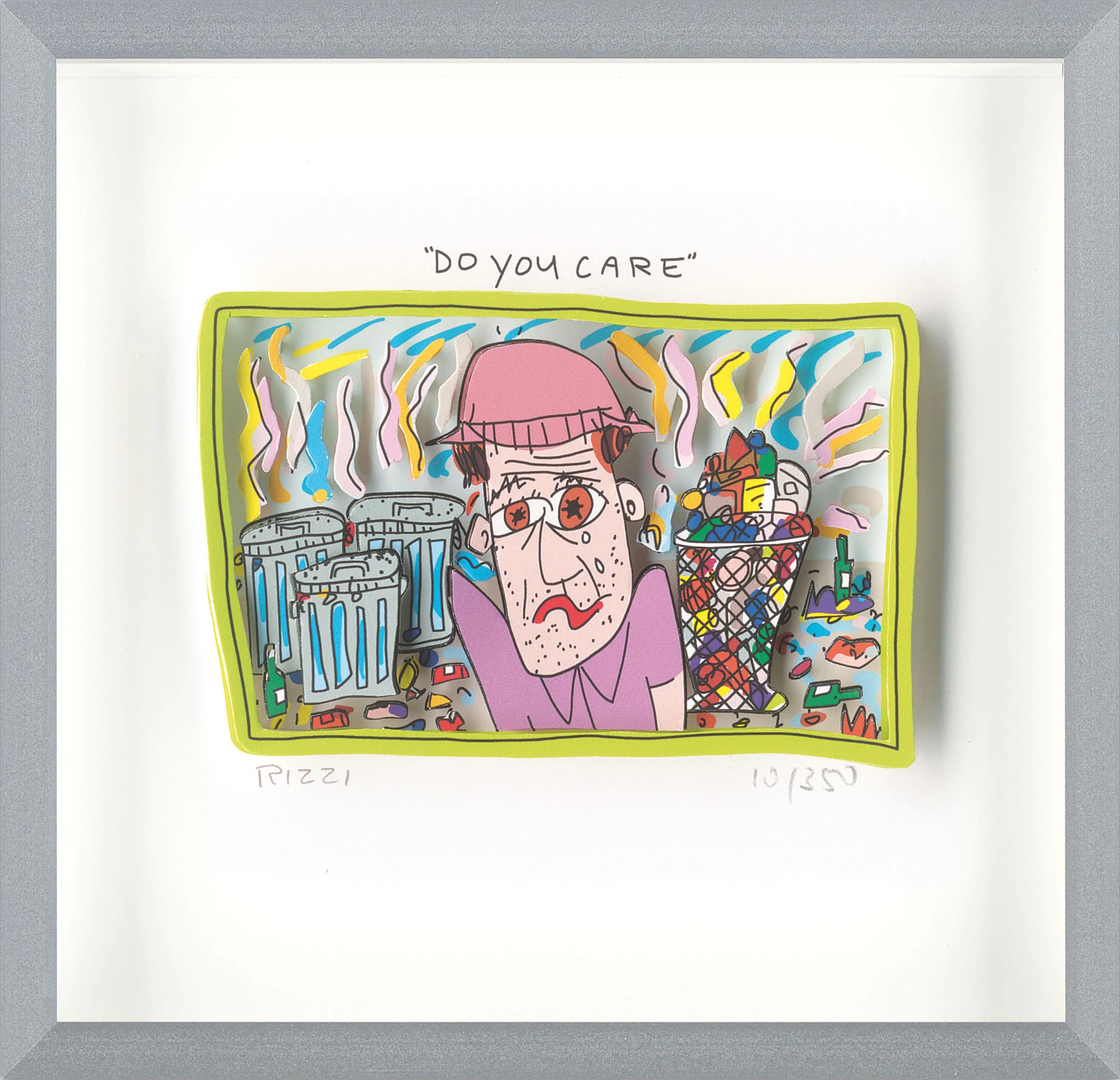 Gerahmte Zeichnung mit pinkhütiger Person, Mülltonnen, Müllkorb und dem Schriftzug „DO YOU CARE“.