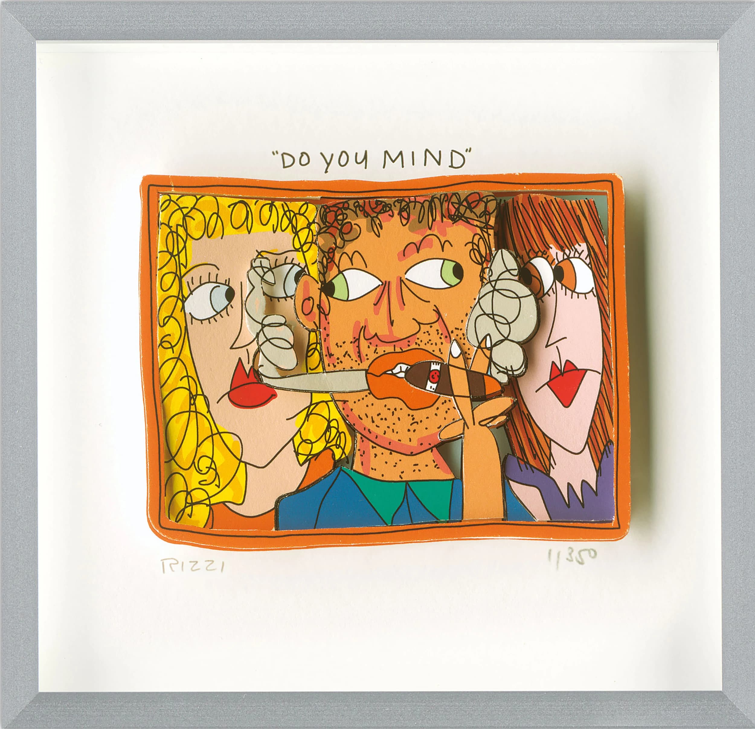 Gerahmte Zeichnung mit drei Gesichtern und dem Text „DO YOU MIND“ auf weißem Papier.