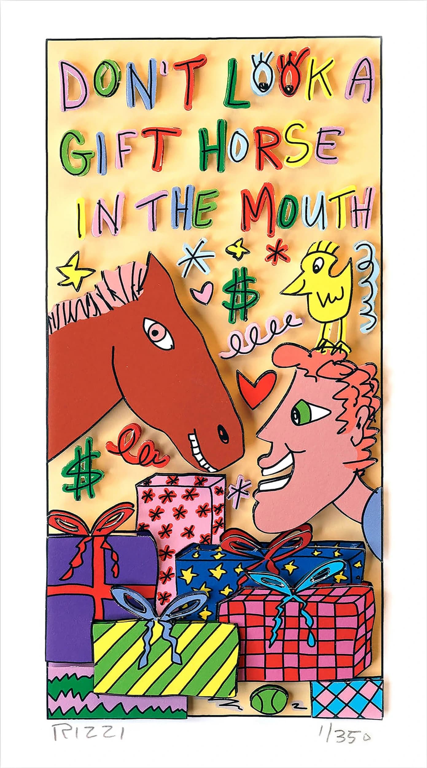 Bunte Zeichnung mit den Worten „DON'T LOOK, GIFT HORSE IN THE MOUTH“ und mehreren Geschenkpaketen.
