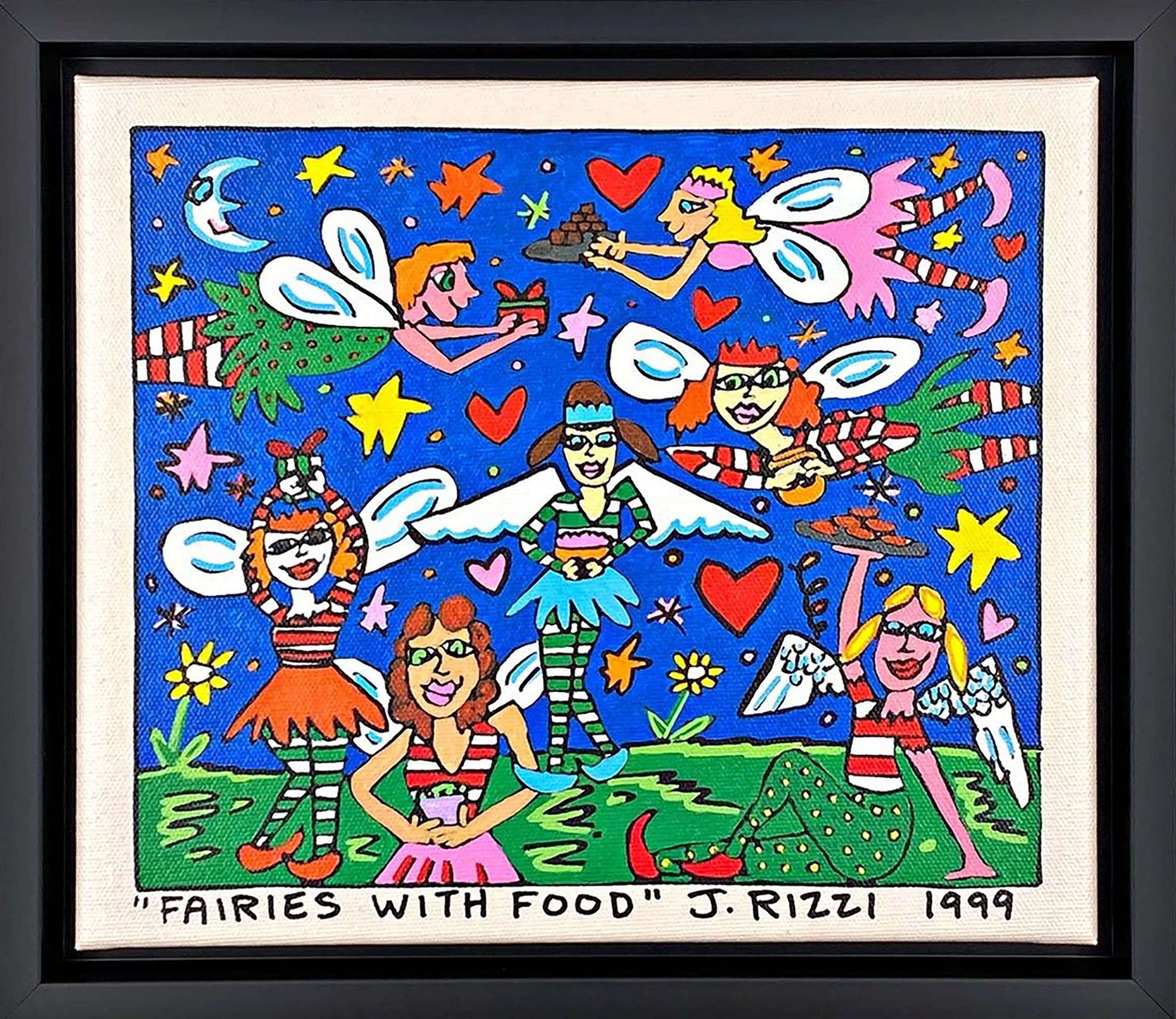 Gerahmtes Bild mit sechs Feen, Herzen, Sternen und Essen auf blauem Hintergrund, darunter der Titel.