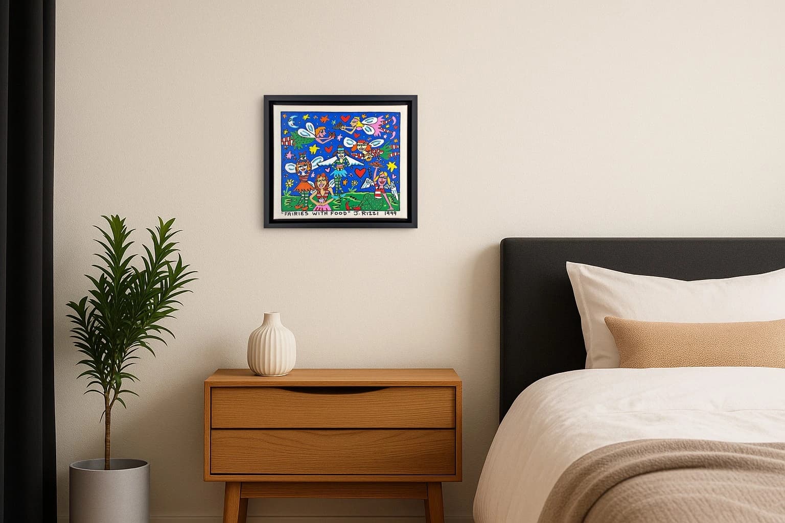 Gerahmtes Bild mit sechs Feen, Herzen, Sternen und Essen auf blauem Hintergrund, als Kunstwerk an der Wand eines Schlafzimmers.