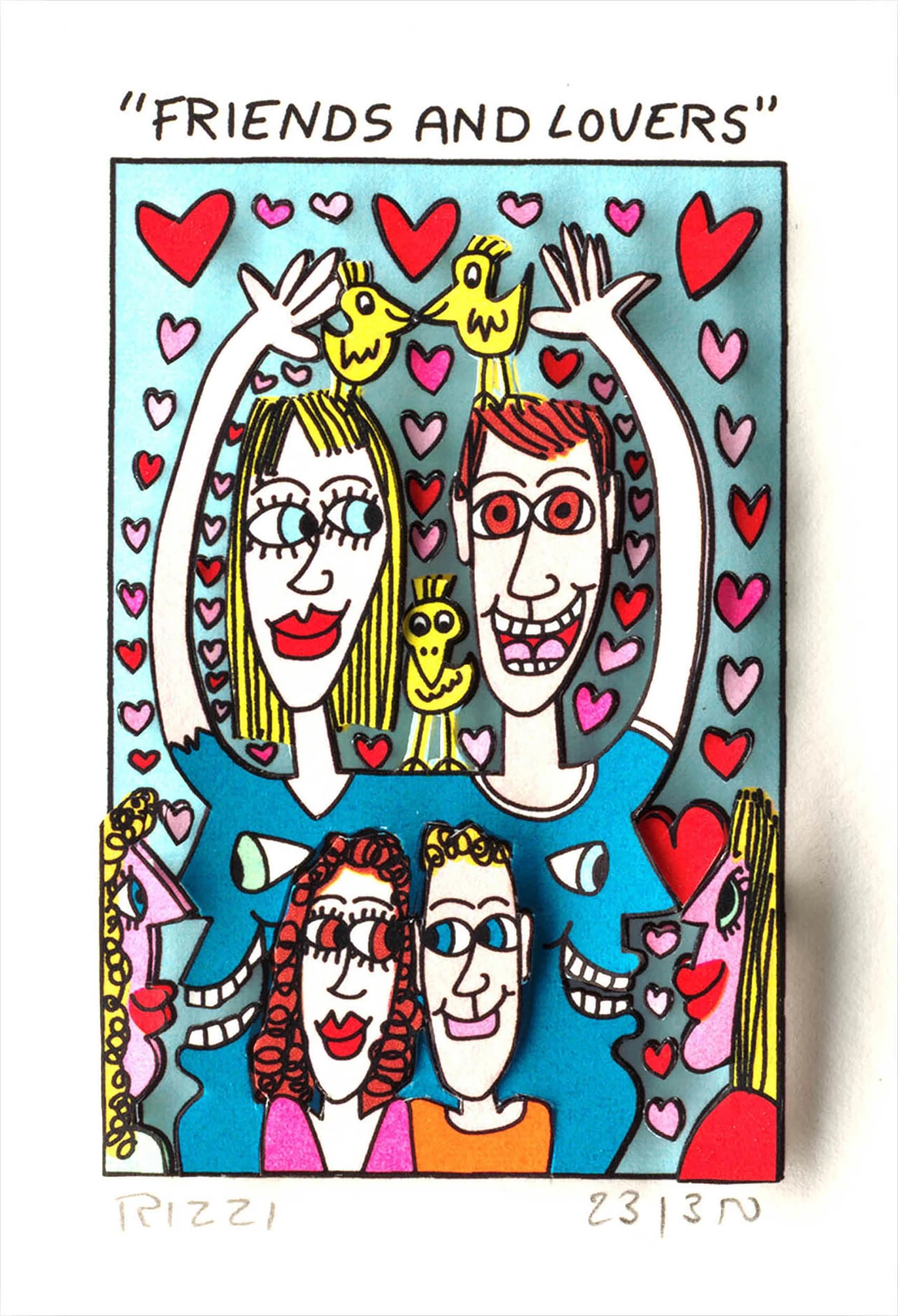 Vier lächelnde Personen in Blau, umgeben von Herzen und zwei gelben Vögeln unter dem Titel „FRIENDS AND LOVERS“.