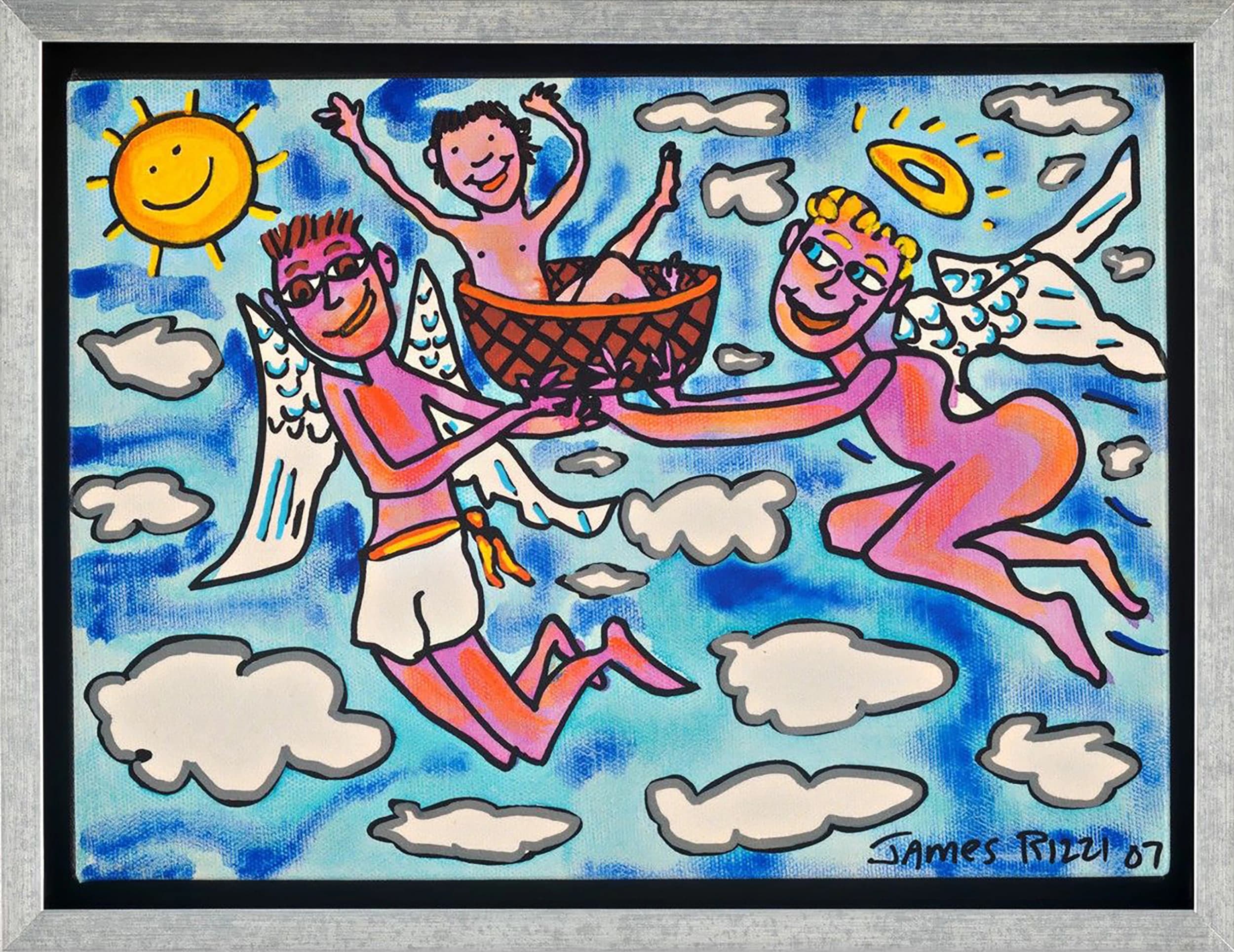 Drei Engel schweben mit einer Schale zwischen Wolken, Sonne links und blauem Himmel im gerahmten Bild.