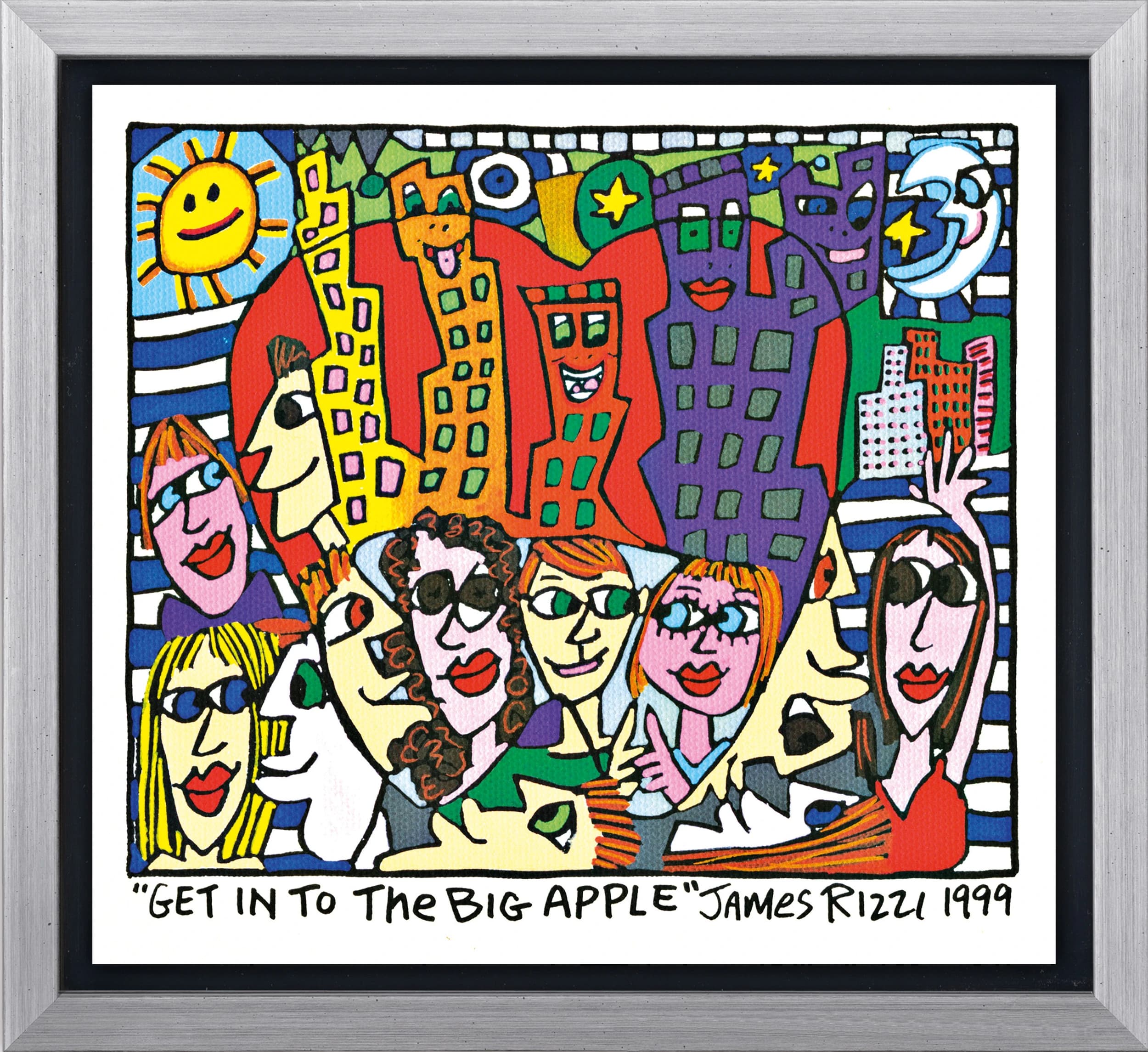 Gerahmtes Bild mit bunten Gesichtern und Hochhäusern, oben Sonne und Mond, unten Schriftzug "GET IN TO THE BIG APPLE".