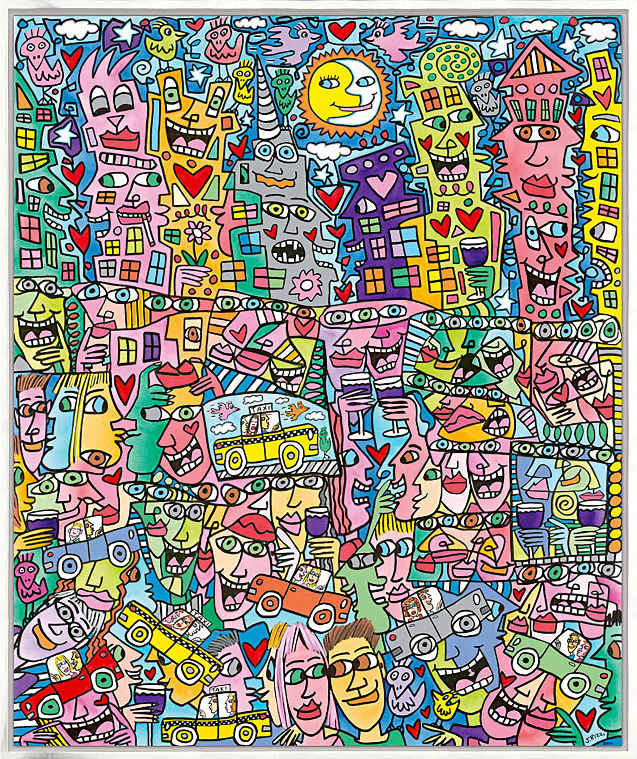 Buntes Bild mit vielen Gesichtern, Häusern, Herzen, Vögeln, Taxis und einem lachenden Sonnengesicht.
