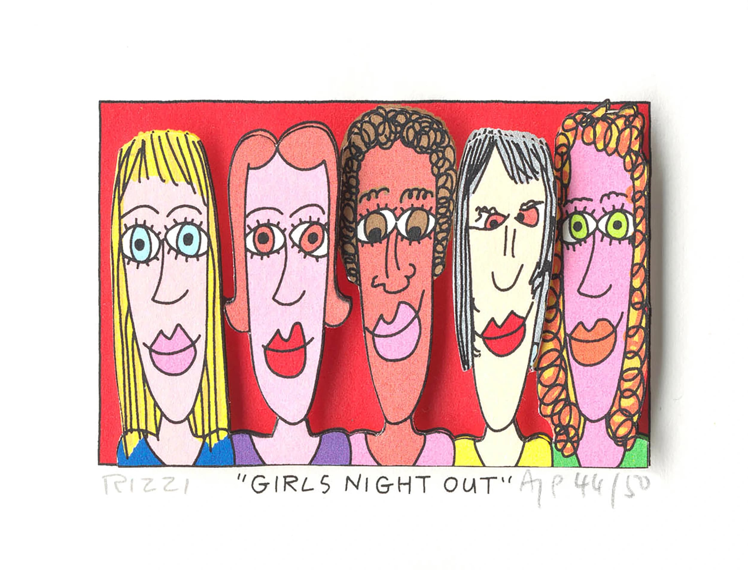 Fünf stilisierte Frauengesichter vor rotem Hintergrund, darunter der Titel Girls Night Out.