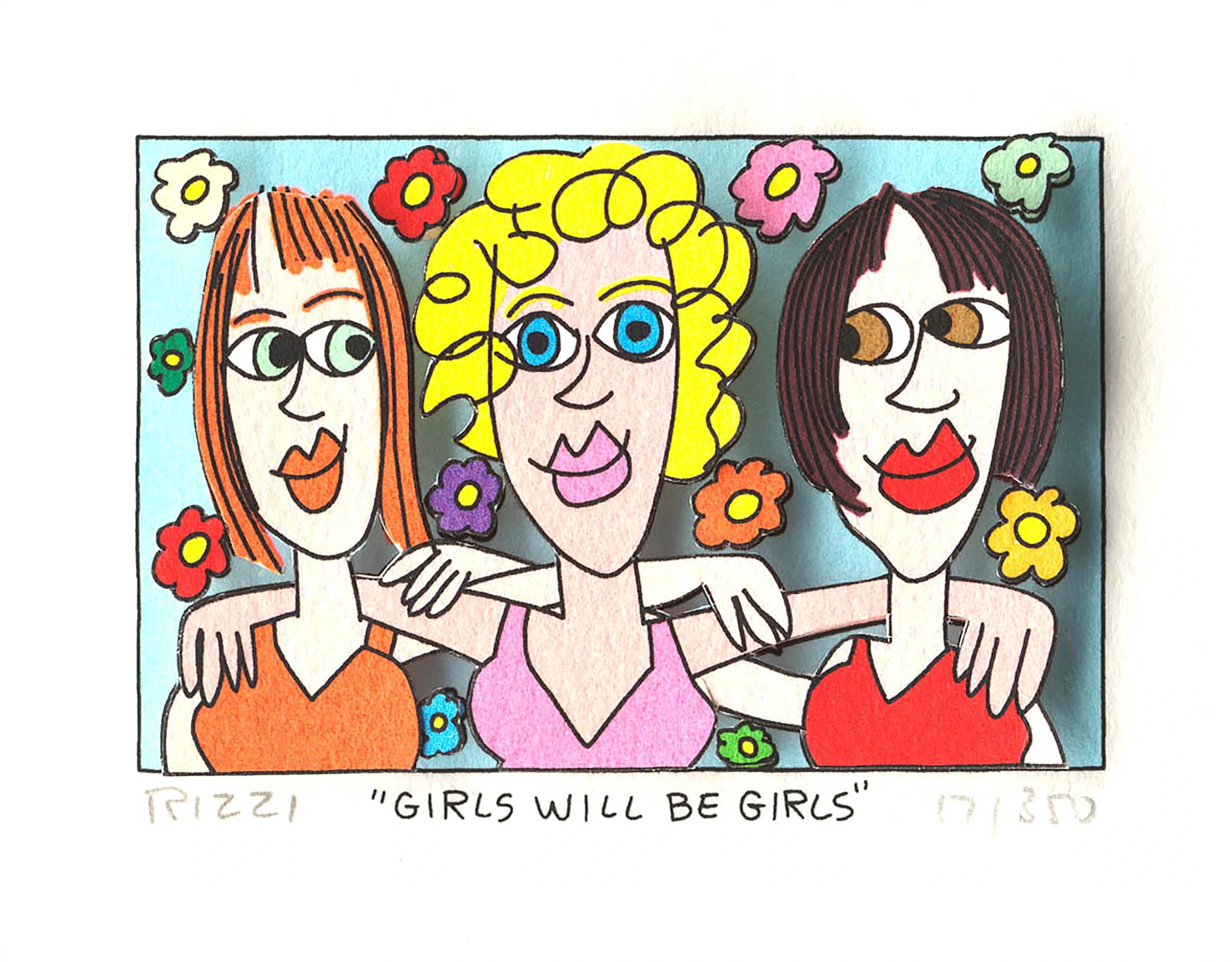 Drei gezeichnete Frauen mit Blumen im Haar stehen vor blauem Hintergrund, darunter der Text Girls Will Be Girls.