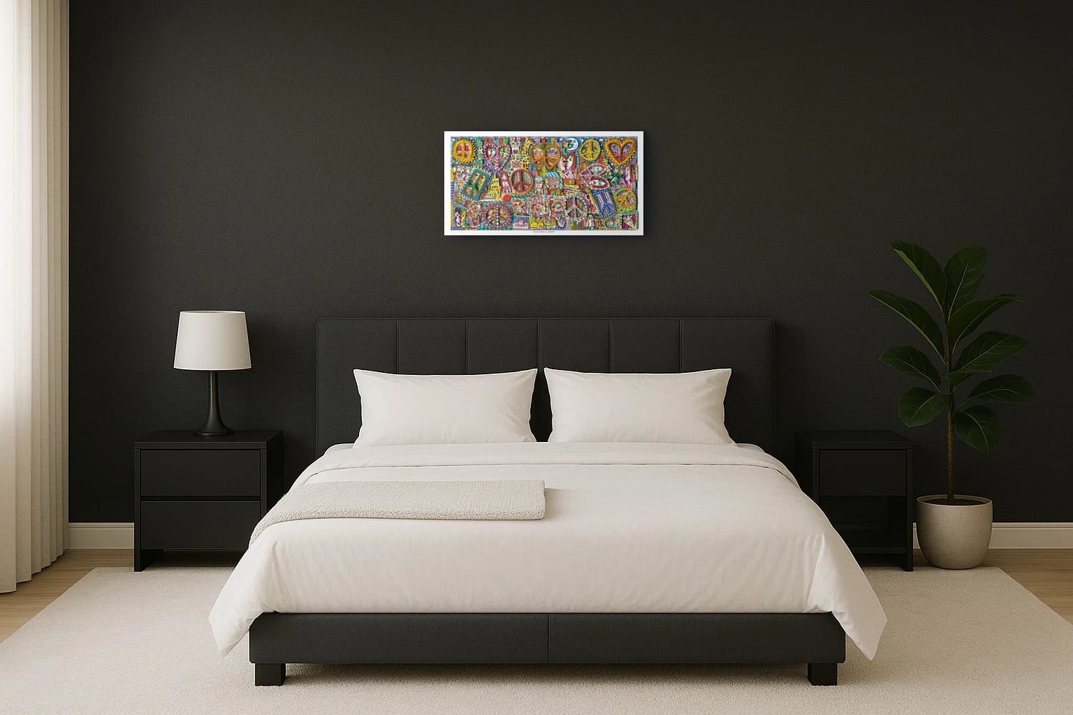 Buntes Wandbild mit Peace-Zeichen, Herzen, Gesichtern und dem Text „GIVE PEACE A CHANCE“, als Kunstwerk an der Wand eines hellen Schlafzimmers.