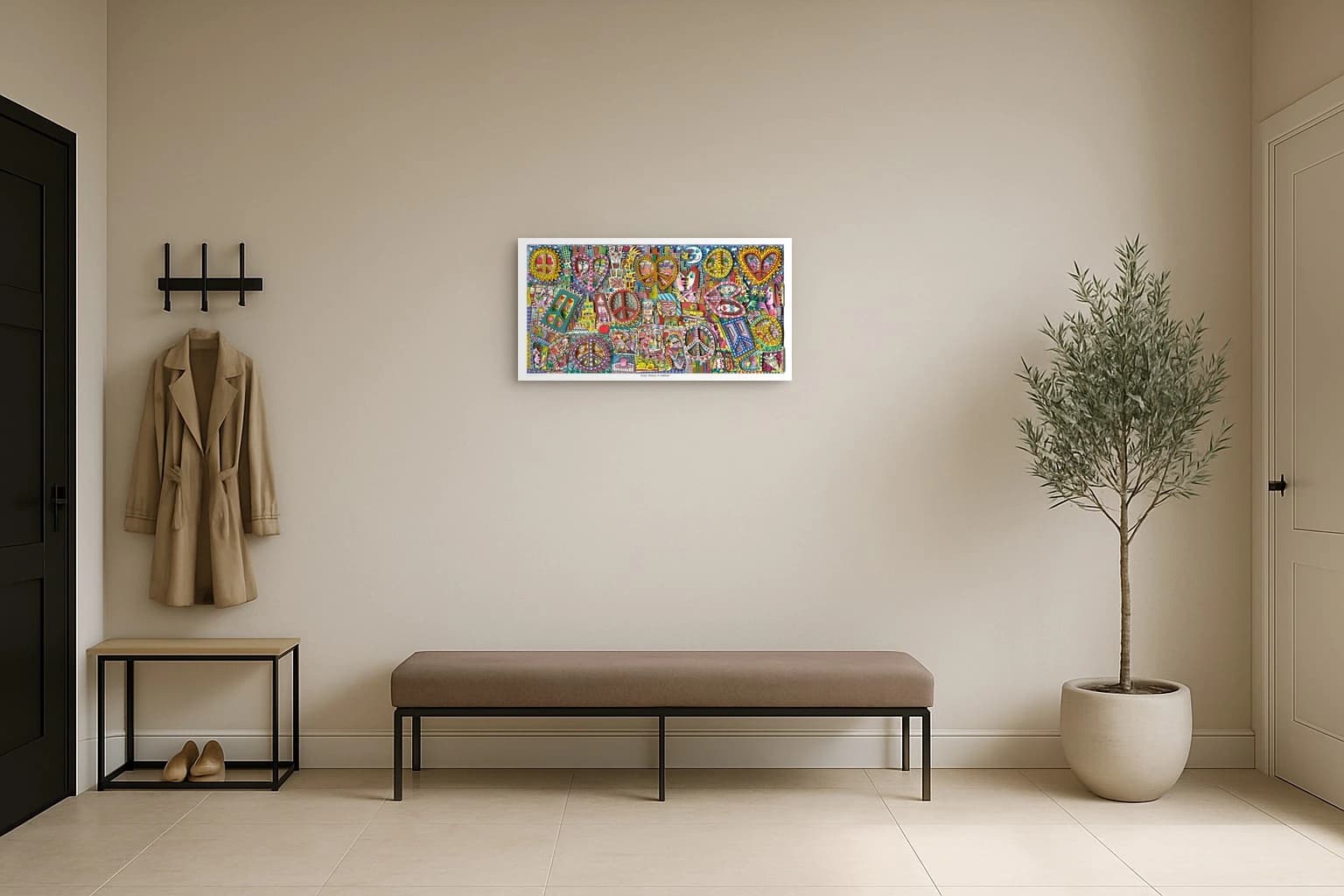 Buntes Wandbild mit Peace-Zeichen, Herzen, Gesichtern, Städten, Blumen und „GIVE PEACE A CHANCE“, als Kunstwerk an der Wand eines hellen Raums.