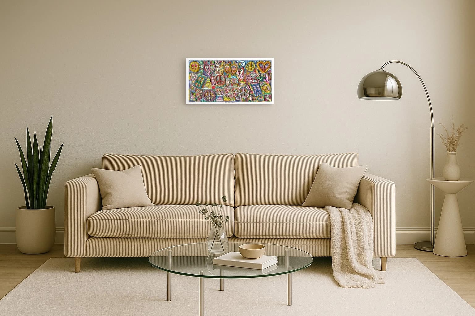 Buntes Wandbild mit Peace-Zeichen, Herzen, Gesichtern, Städten, Blumen und „GIVE PEACE A CHANCE“, als Kunstwerk an der Wand eines hellen Wohnzimmers.