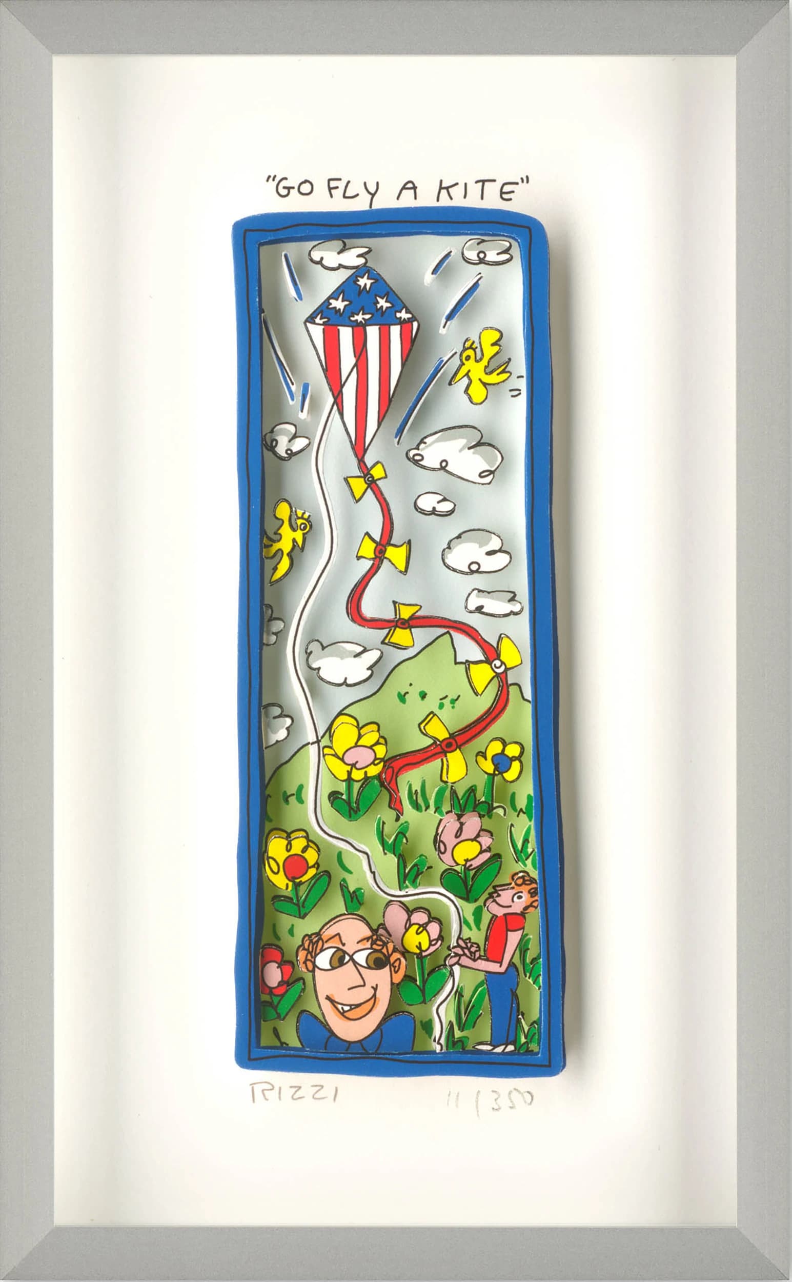 Gerahmtes Bild mit der Aufschrift Go Fly a Kite, einem rot weißen Drachen, Wolken und Figuren in einer Wiese.