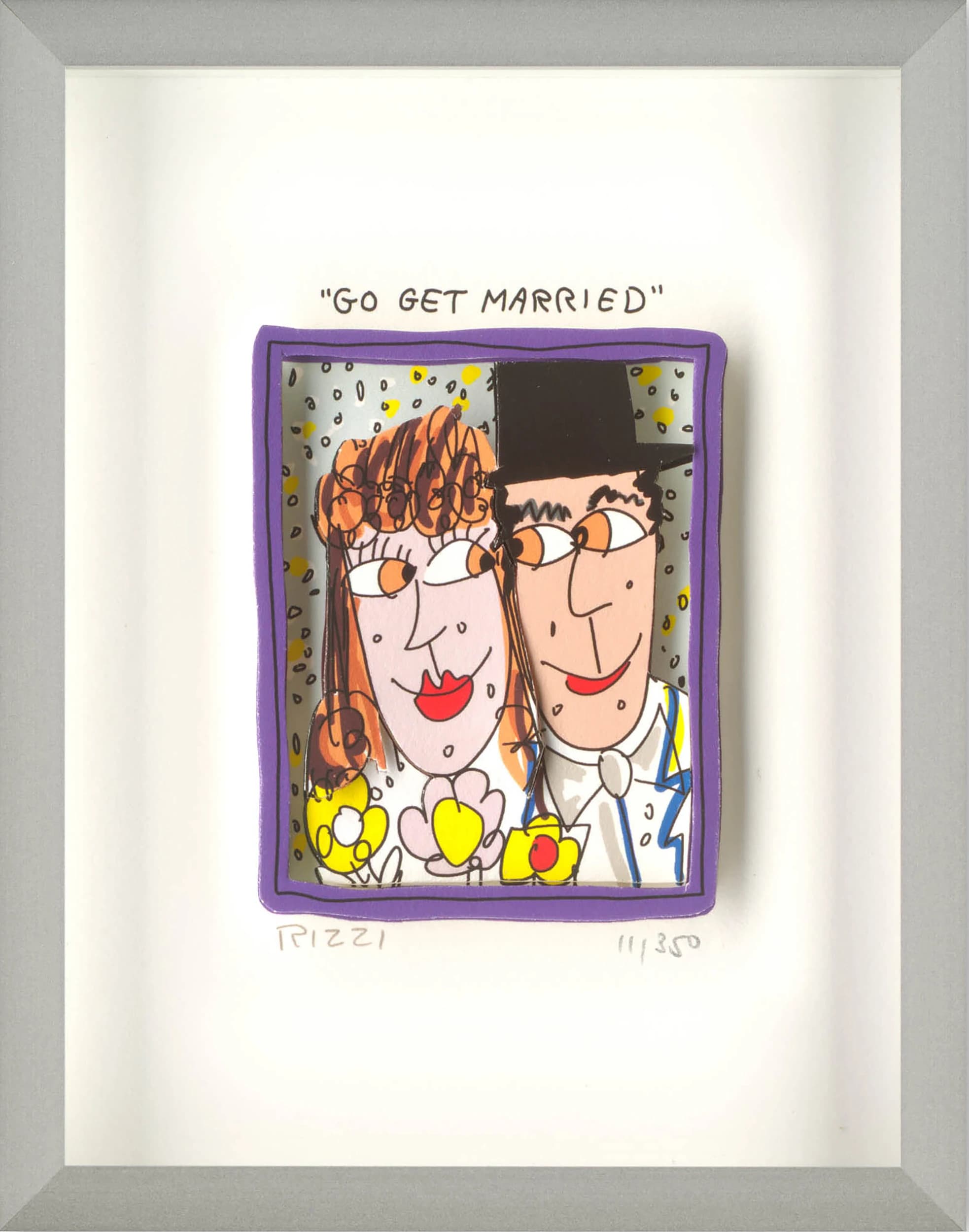 Gerahmte Zeichnung mit Brautpaar im violetten Rahmen und dem Text „Go get married“ darüber.