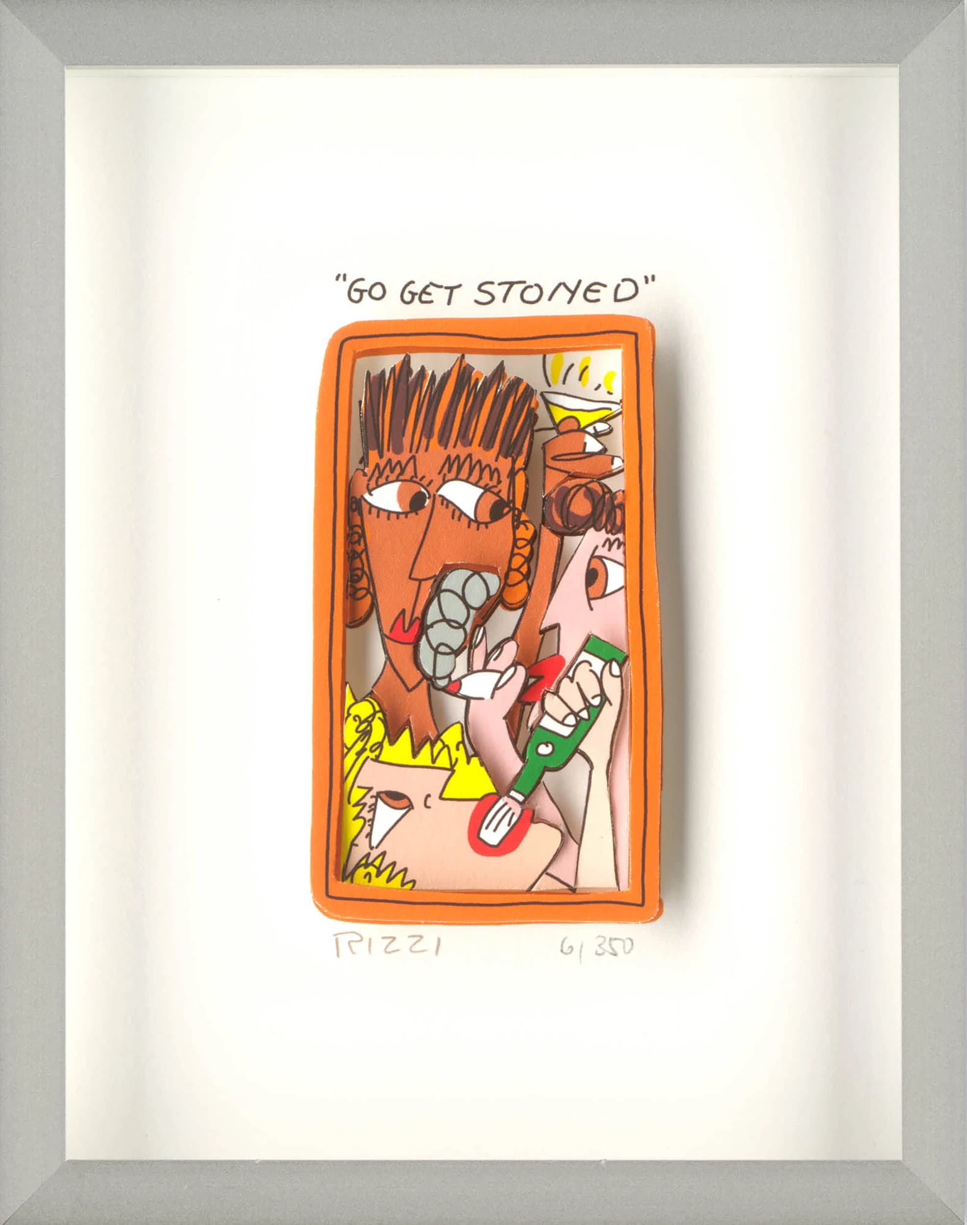 Gerahmtes Blatt mit orangefarbenem Bild und Schriftzug „GO GET STONED“, darüber weißer Rand.