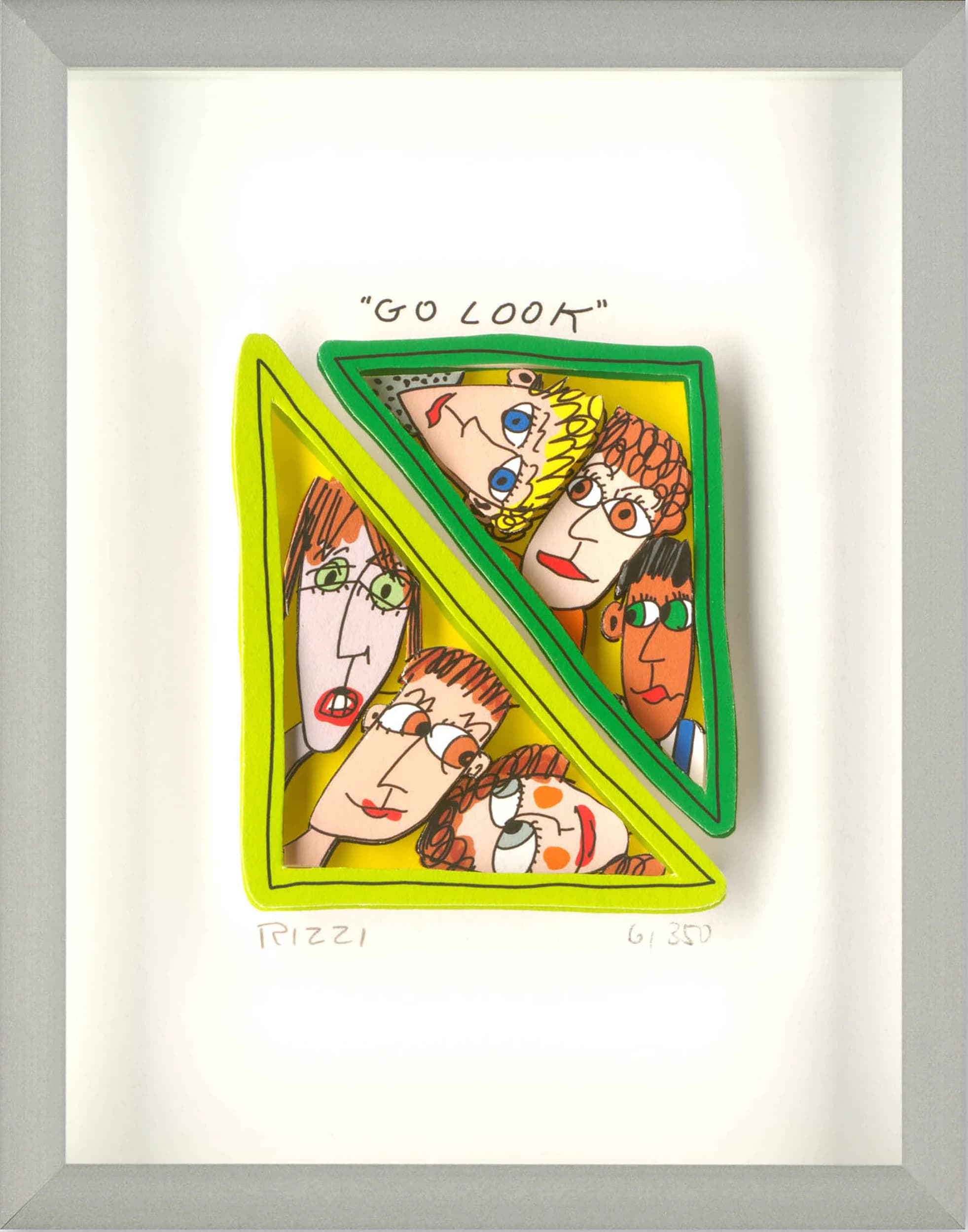 Gerahmtes Blatt mit buntem Popup-Motiv aus sechs Gesichtern und dem Schriftzug „GO LOOK“.