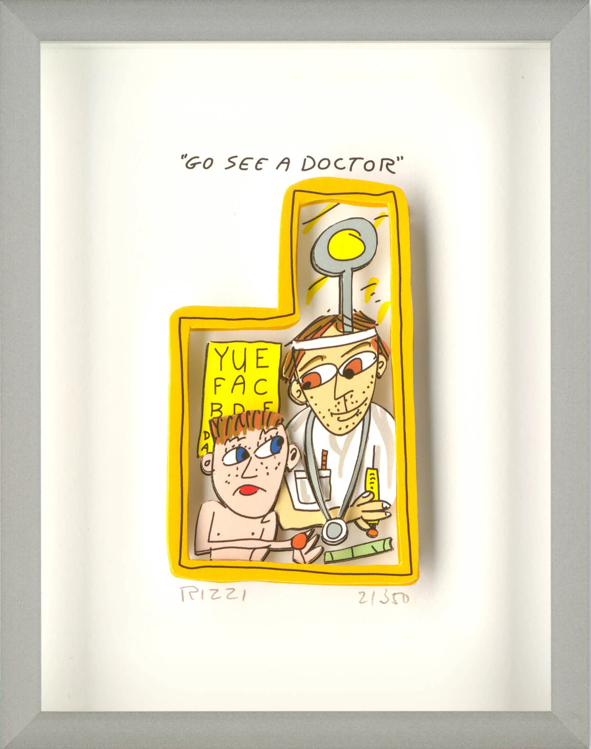 Gerahmtes Blatt mit Comicarzt und Kind im gelben Rahmen, oben steht „GO SEE A DOCTOR“.