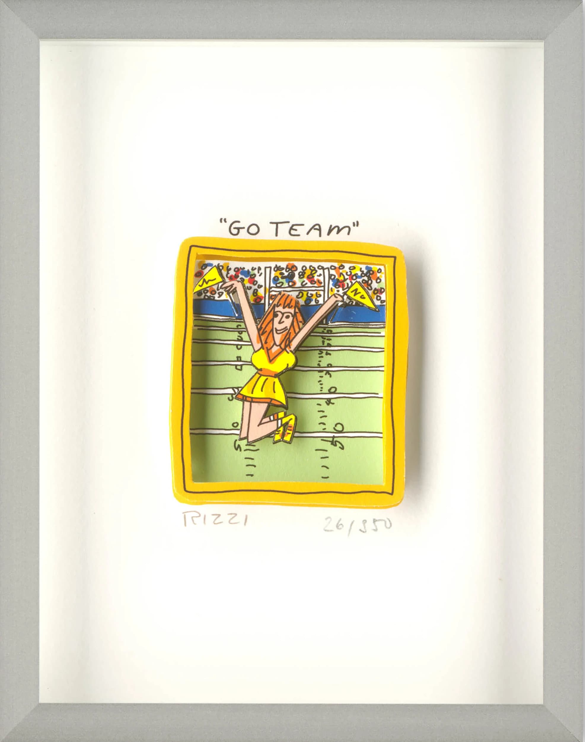 Gerahmtes Blatt mit kleiner Zeichnung einer Cheerleaderin in gelbem Outfit und der Aufschrift „Go Team“.