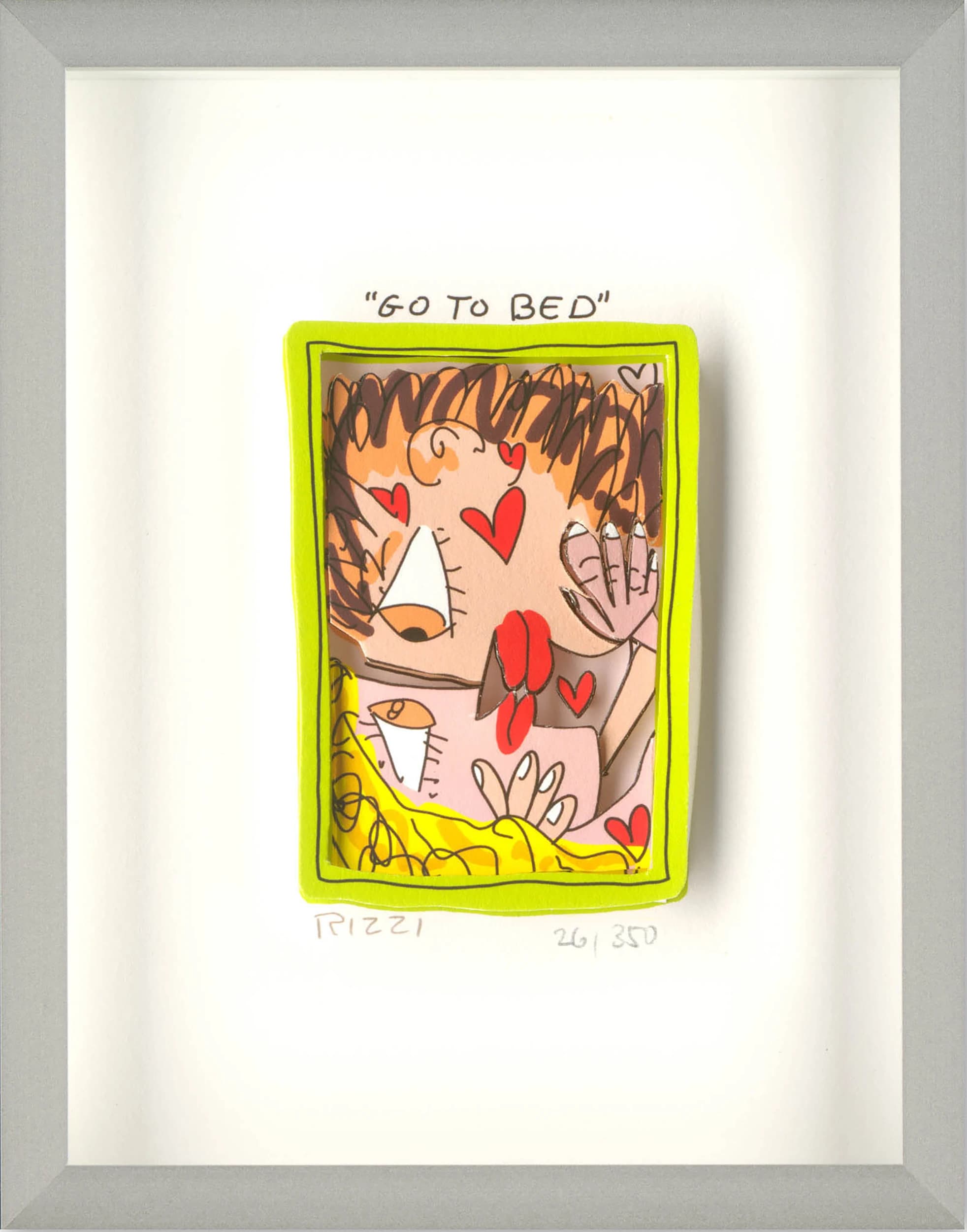 Gerahmtes Bild mit Comicgesicht in gelbem Rahmen, darüber „GO TO BED“ und unten „Rizzi“.