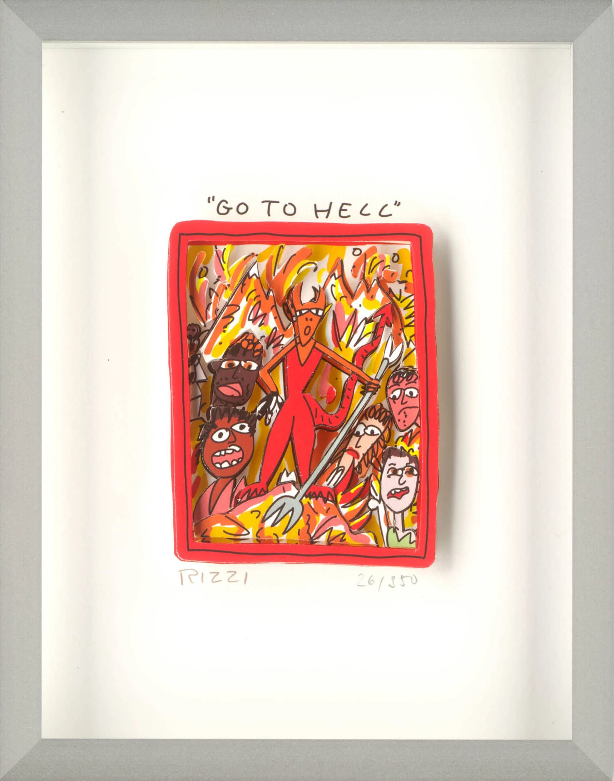 Gerahmtes Blatt mit rotem Bild und dem Text „GO TO HELL“, darin Figuren im Feuer.