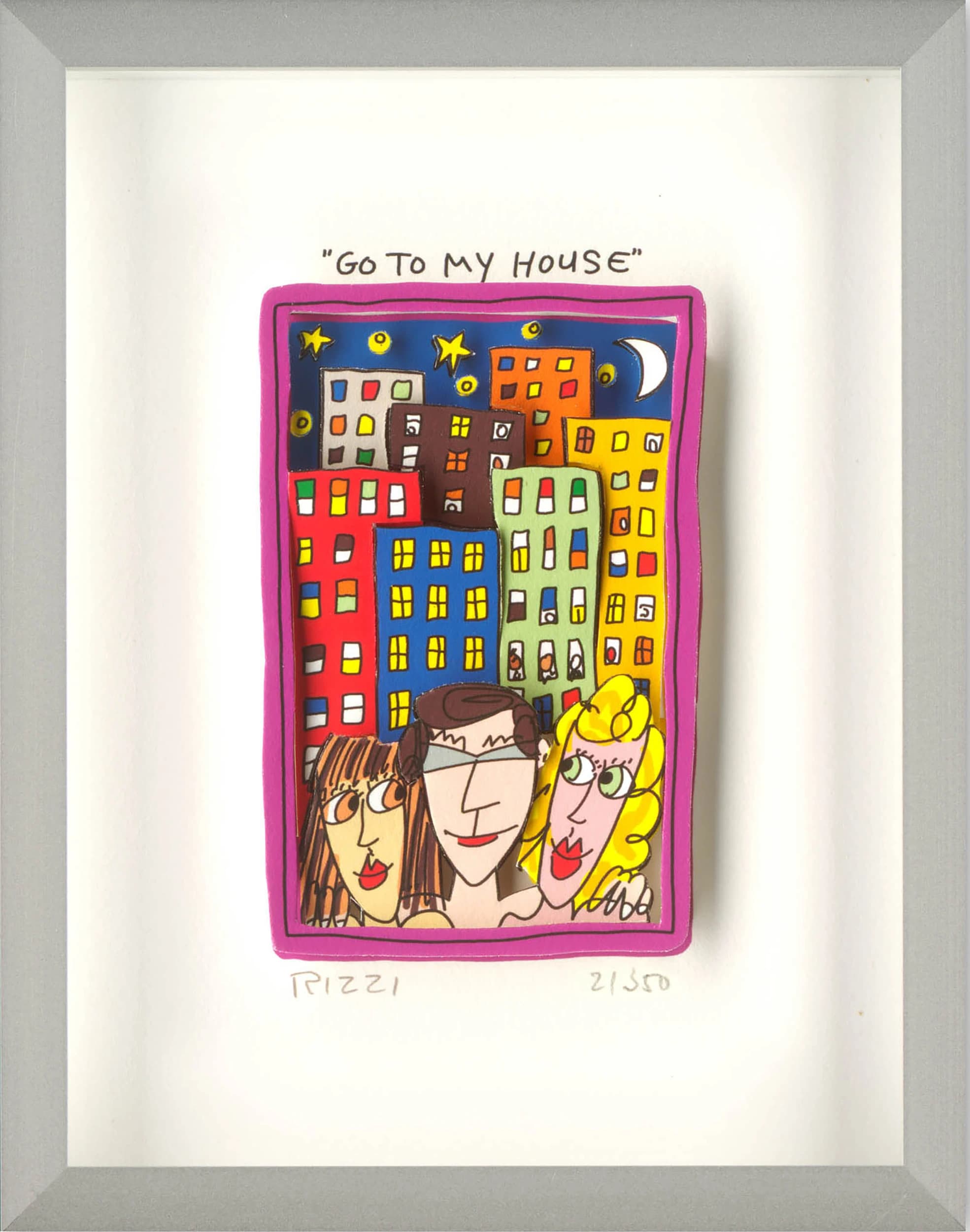 Farbige Häuser und drei Gesichter in einem pinken Rahmen, darüber „Go To My House“.