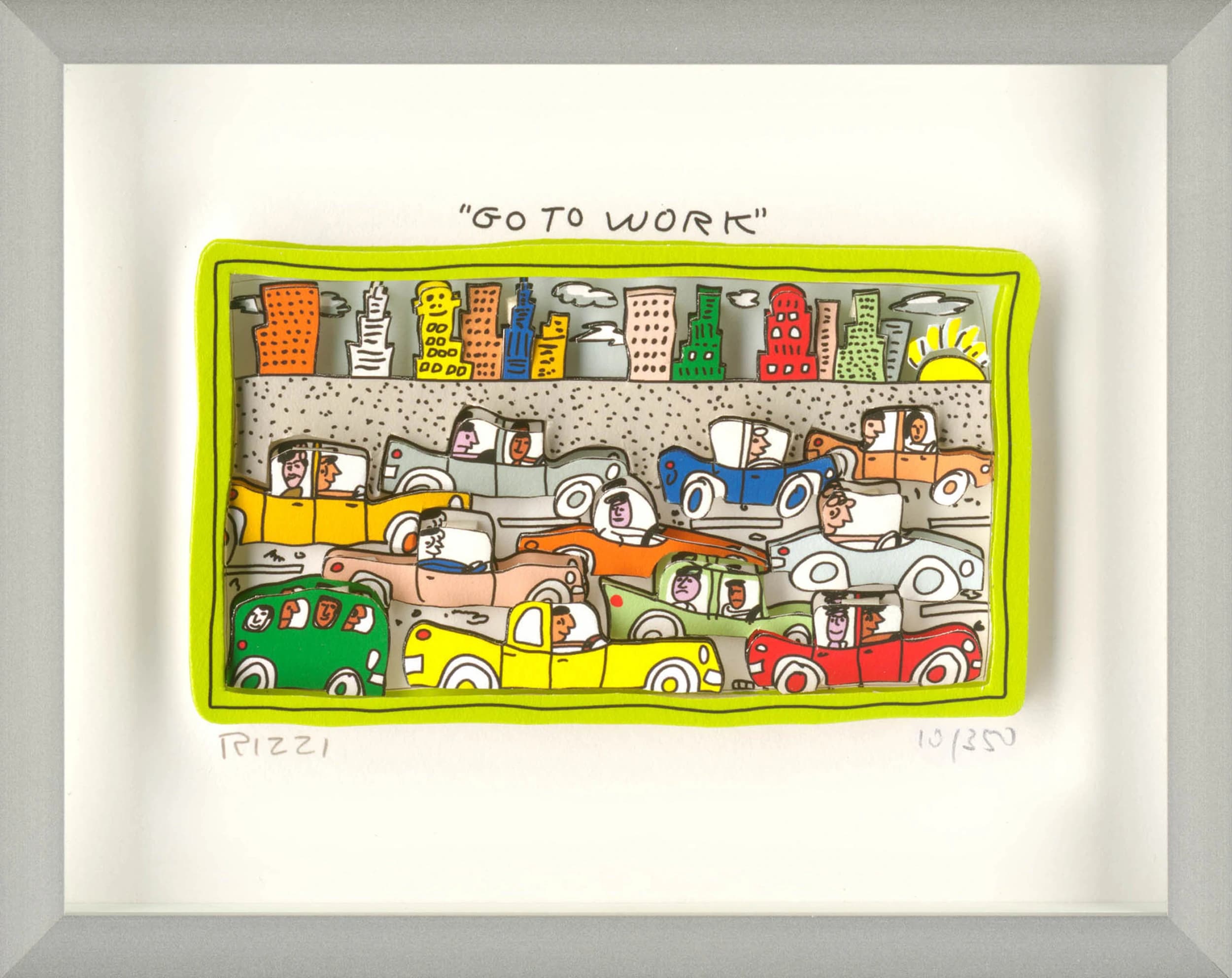 Gerahmtes Bild mit Stadt und vielen bunten Autos, darüber der Schriftzug „GO TO WORK“ und Neonrand.