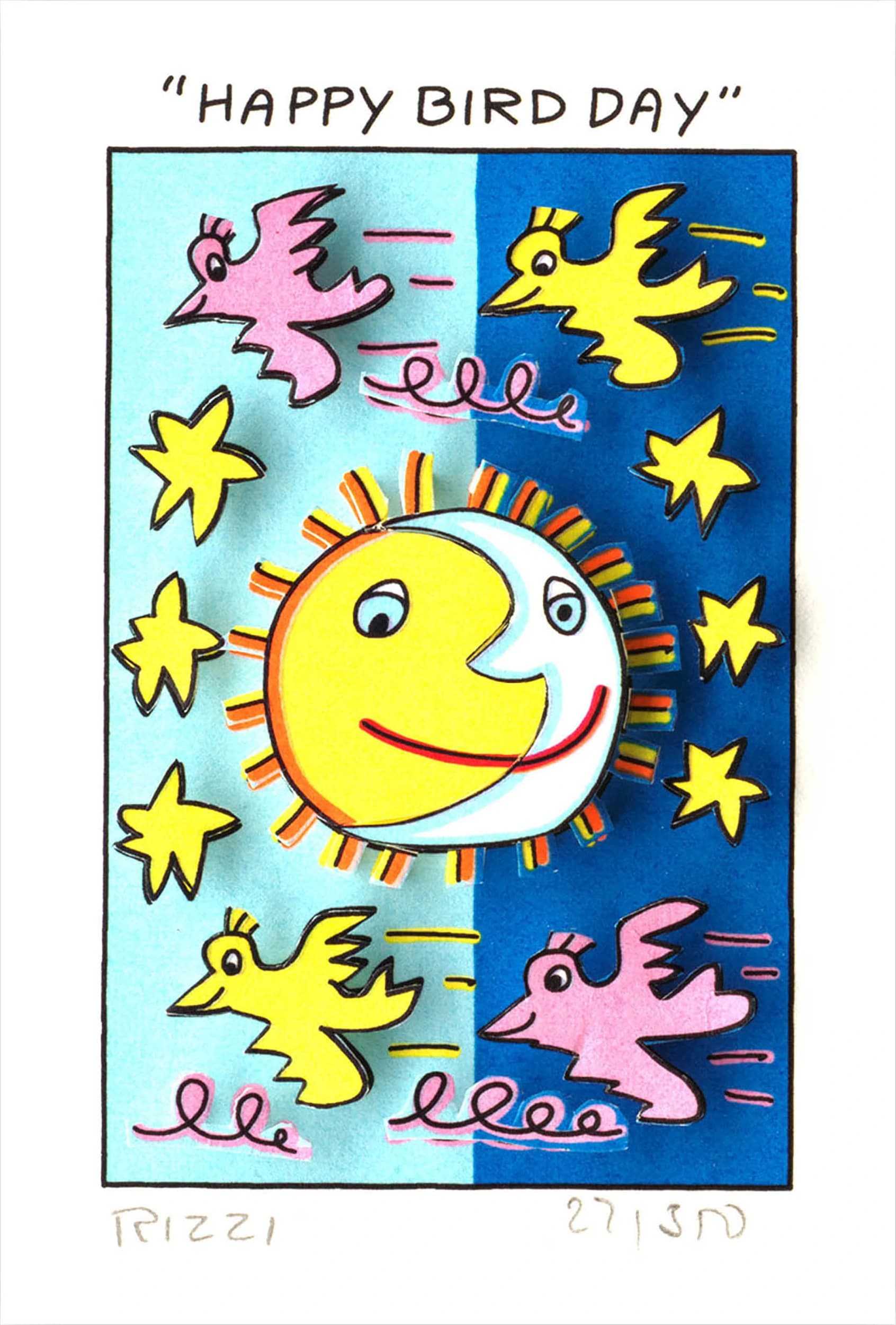 Buntes Bild mit Sonne, sechs Vögeln, Sternen und Schriftzug „HAPPY BIRD DAY“ auf blauem Hintergrund.