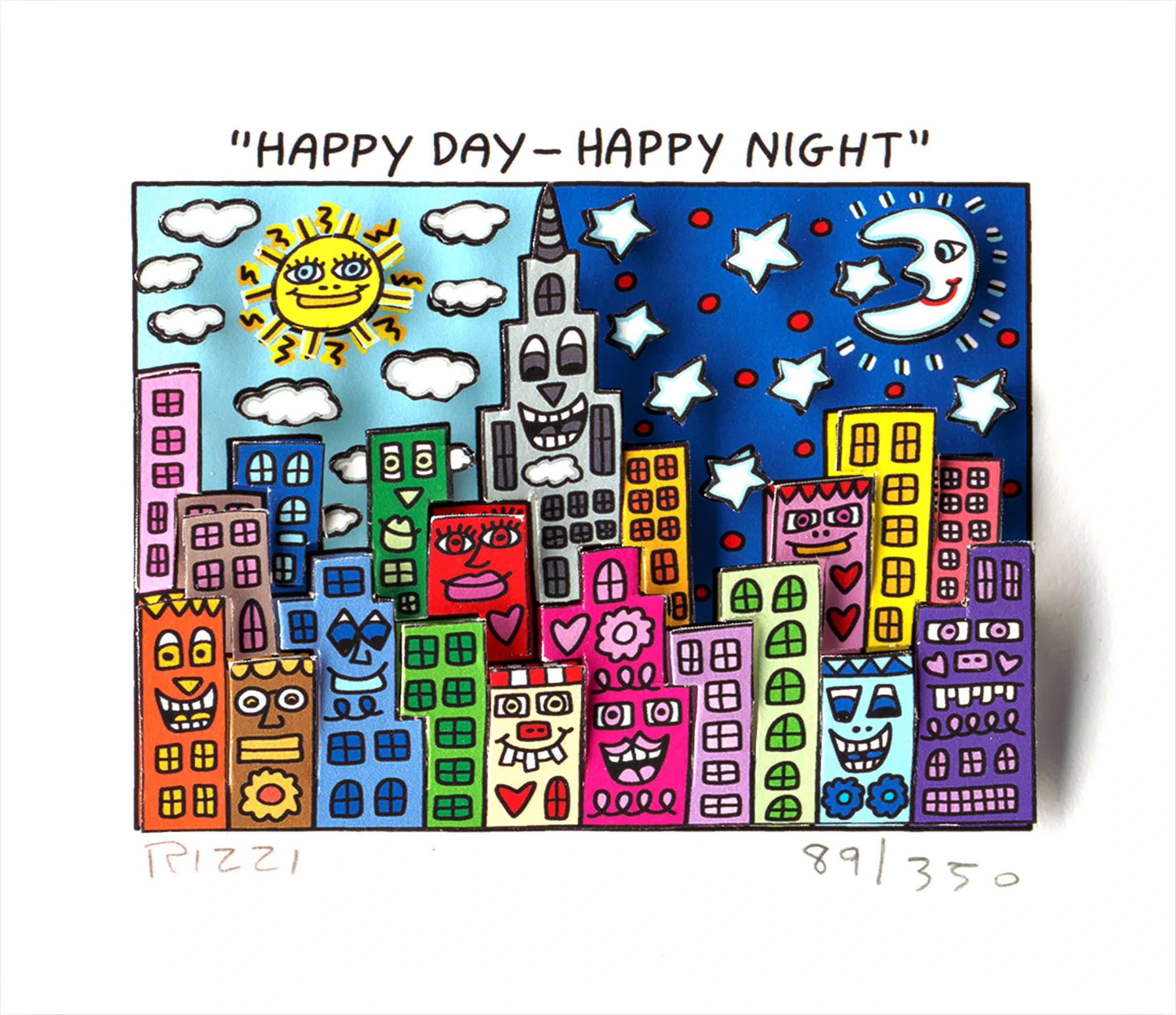 Bunte Häuser mit Gesichtern unter Sonne, Mond, Sternen und Wolken, oben die Aufschrift Happy Day Happy Night.