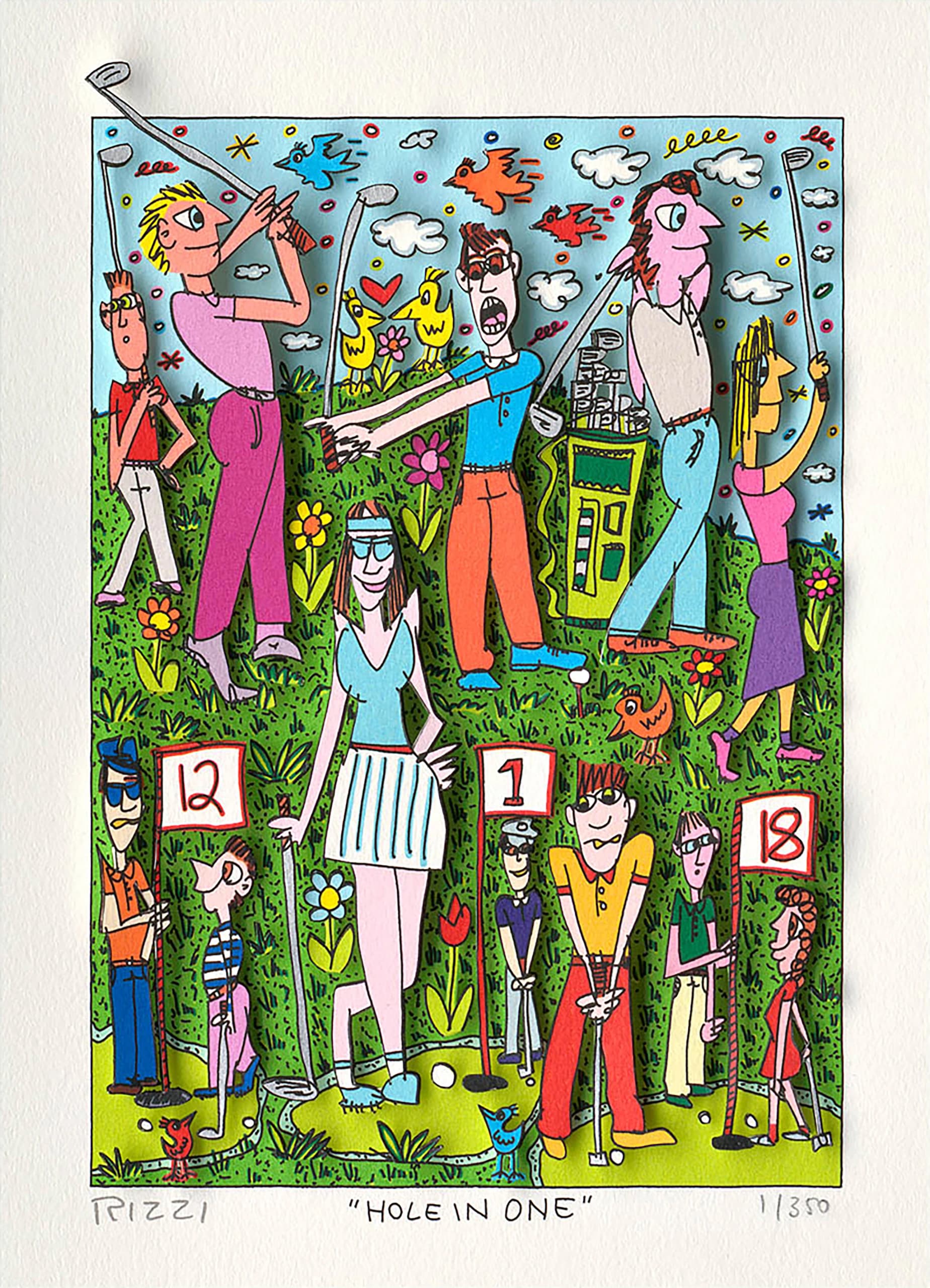 Cartoon-Golfer auf grünem Platz mit mehreren Spielern, Fahnen und Golfbällen unter blauem Himmel.