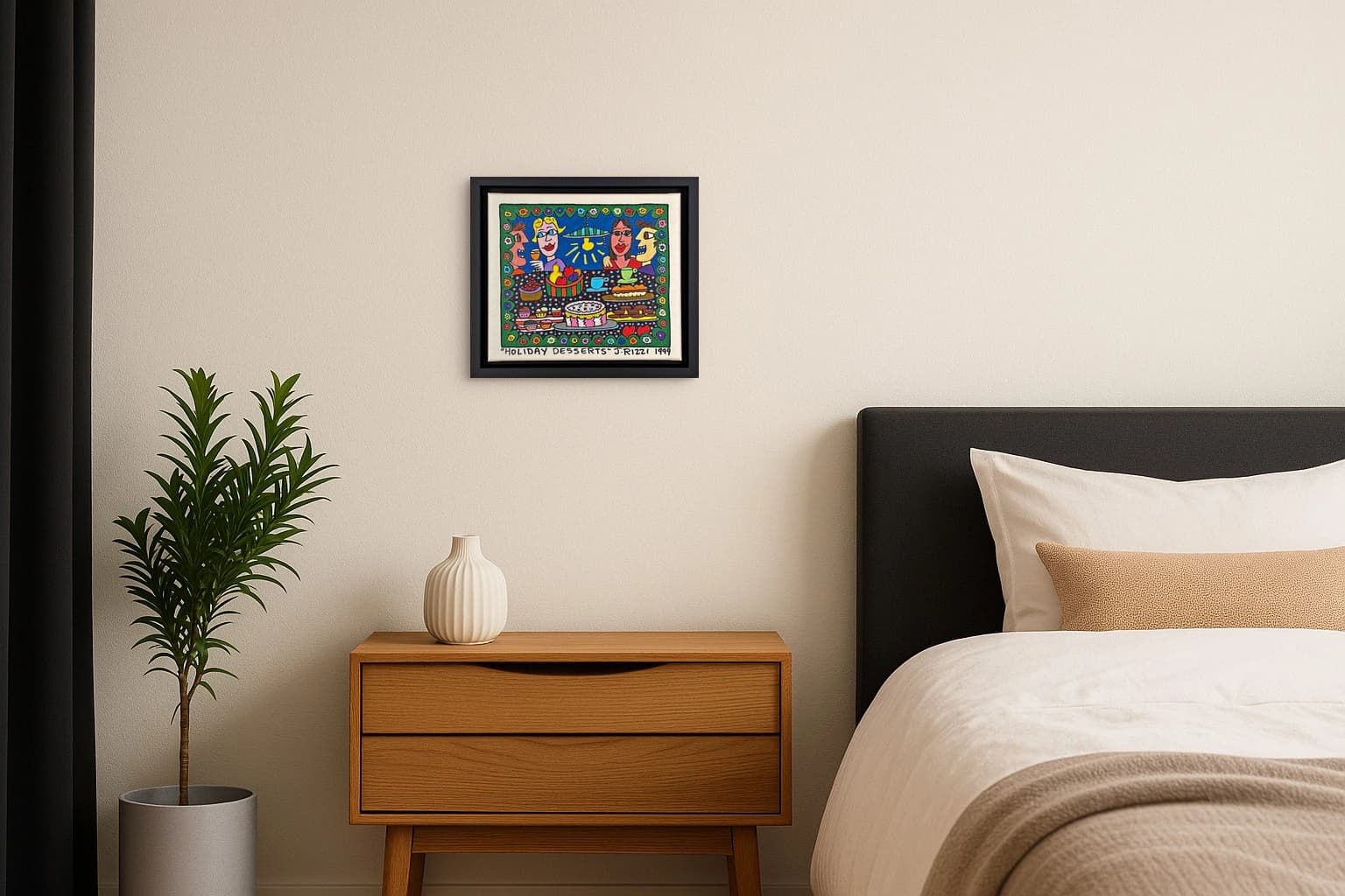 Vier Personen sitzen an einem Tisch mit Desserts und Tassen vor blauem Hintergrund, als Kunstwerk an der Wand eines Schlafzimmers.