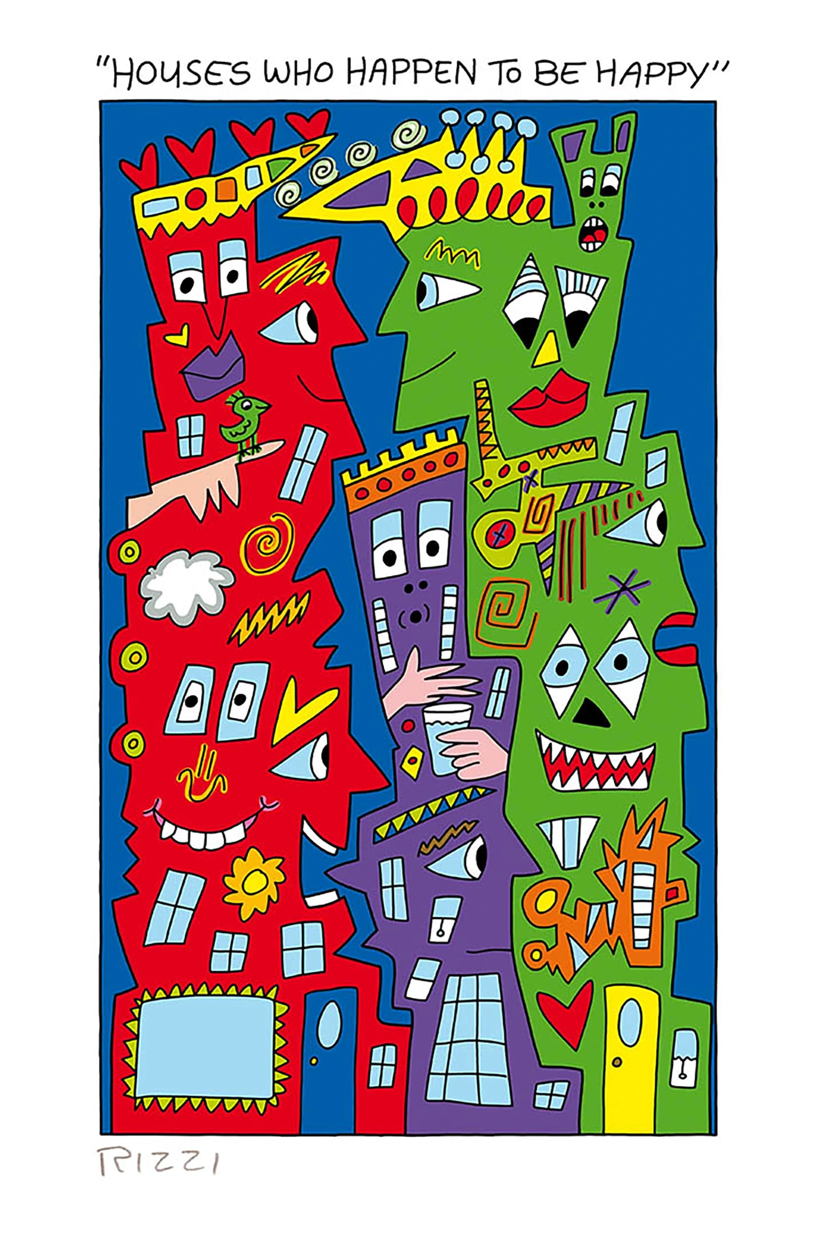 Bunte Häuser mit Gesichtern vor blauem Hintergrund, darüber der Schriftzug „Houses Who Happen to Be Happy“.