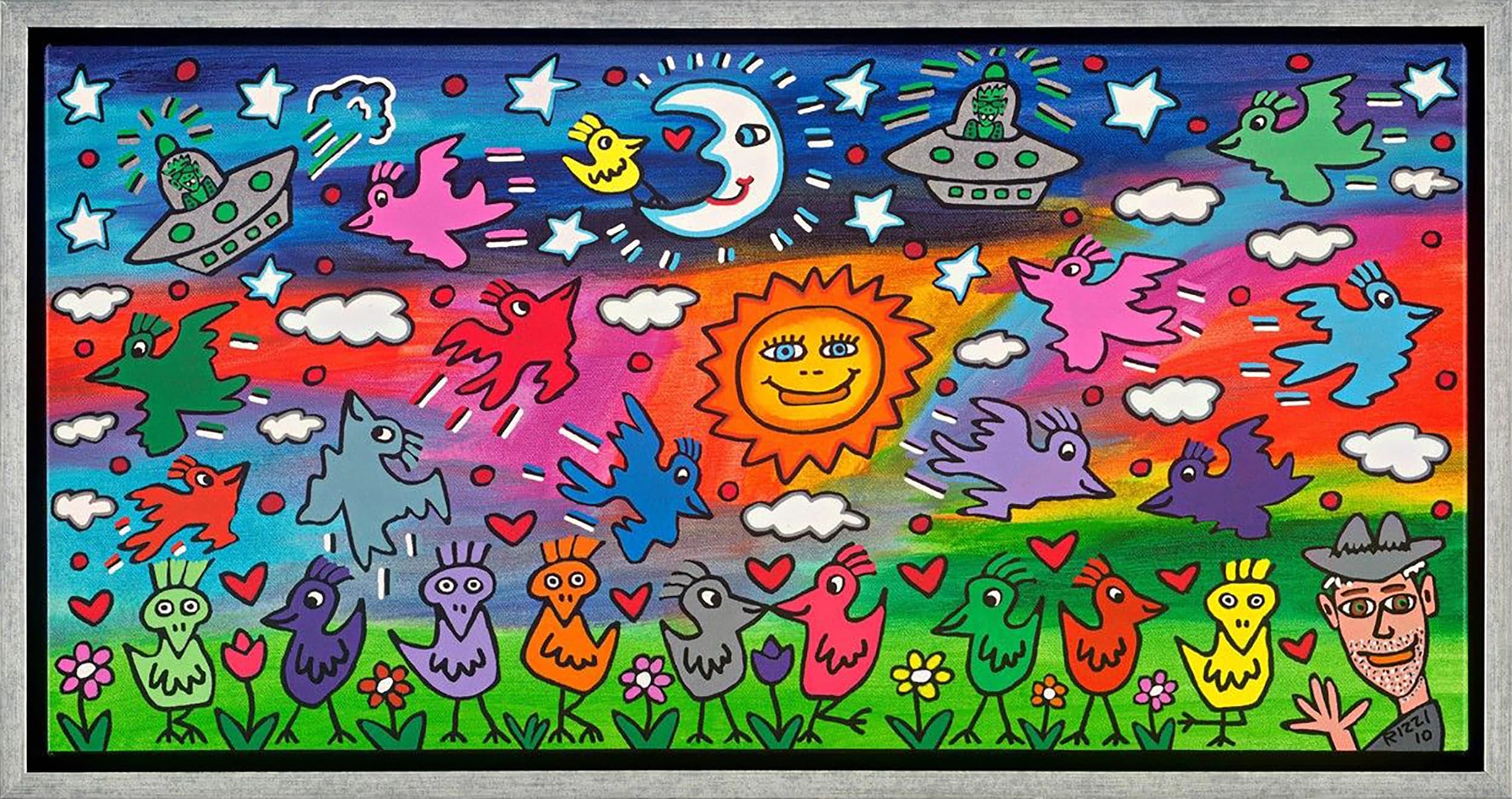 Bunte Vogelreihe vor Regenbogenhimmel mit Sonne, Mond, Sternen, Wolken, Herzen und UFOs im Rahmen.