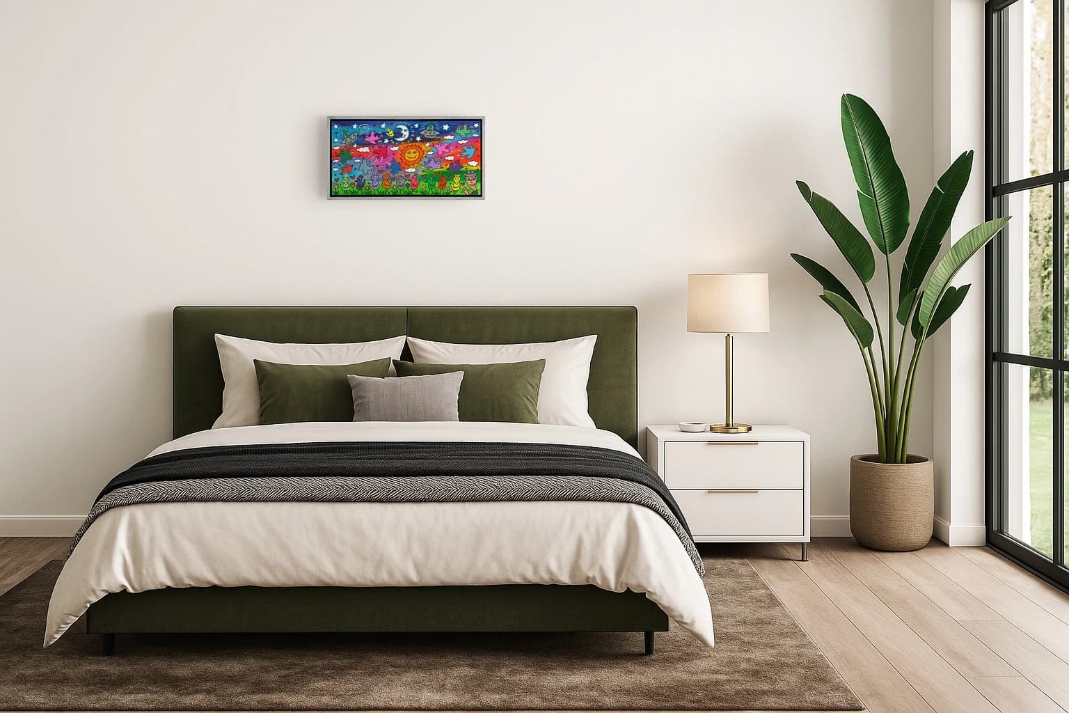 Bunte Vogelreihe vor Regenbogenhimmel mit Sonne, Mond, Sternen, Wolken, Herzen und UFOs, als Kunstwerk an der Wand eines Schlafzimmers.