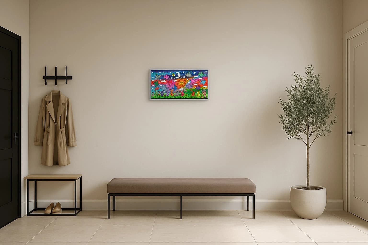 Bunte Vogelreihe vor Regenbogenhimmel mit Sonne, Mond, Sternen, Wolken, Herzen und UFOs, als Kunstwerk an der Wand eines hellen Raums.